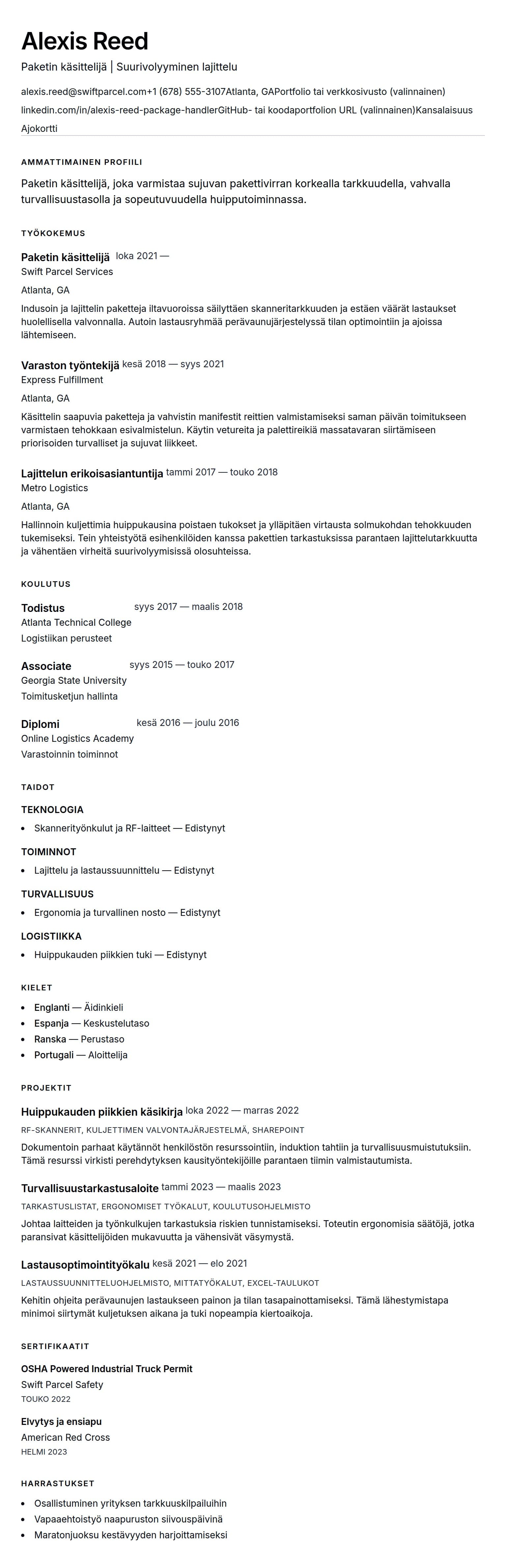 Ansioluetteloesikatselu kohteelle Paketin käsittelijän ansioluettelon esimerkki