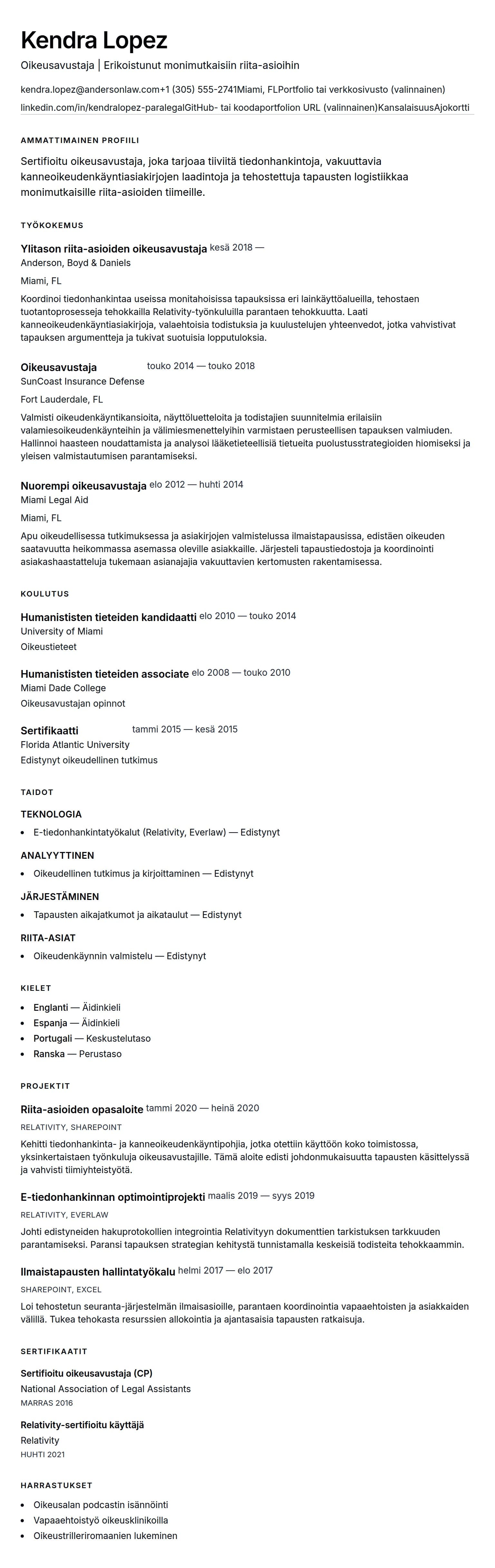 Ansioluetteloesikatselu kohteelle Oikeusavustajan ansioluettelo-esimerkki