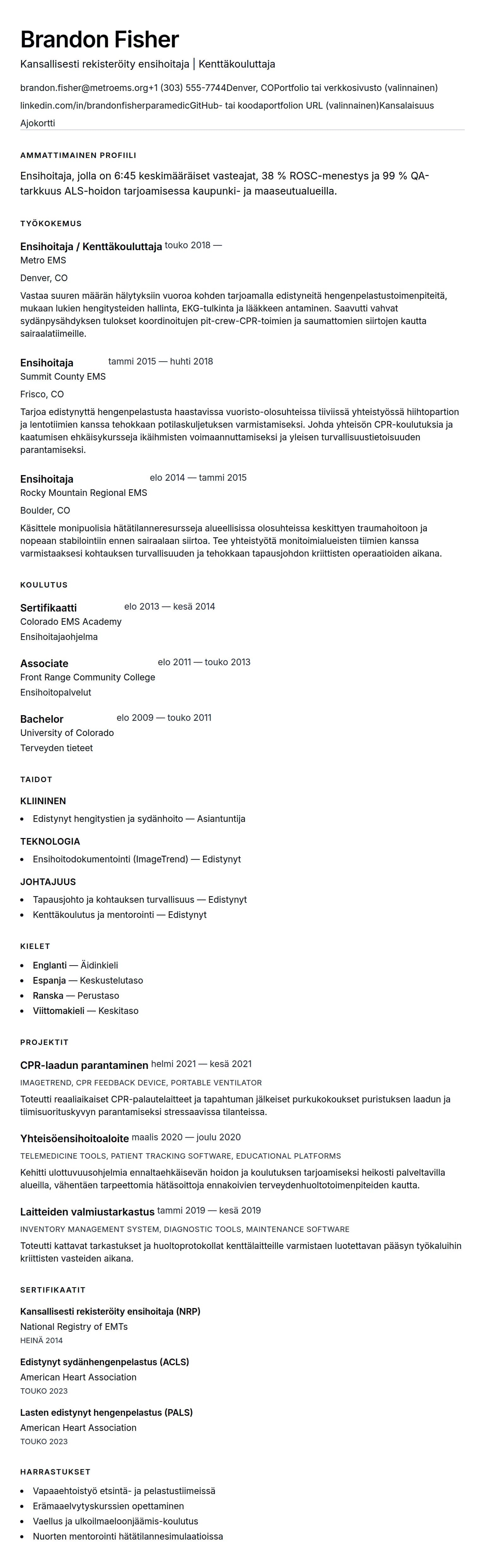 Ansioluetteloesikatselu kohteelle Ensihoitajan ansioluettelo-esimerkki