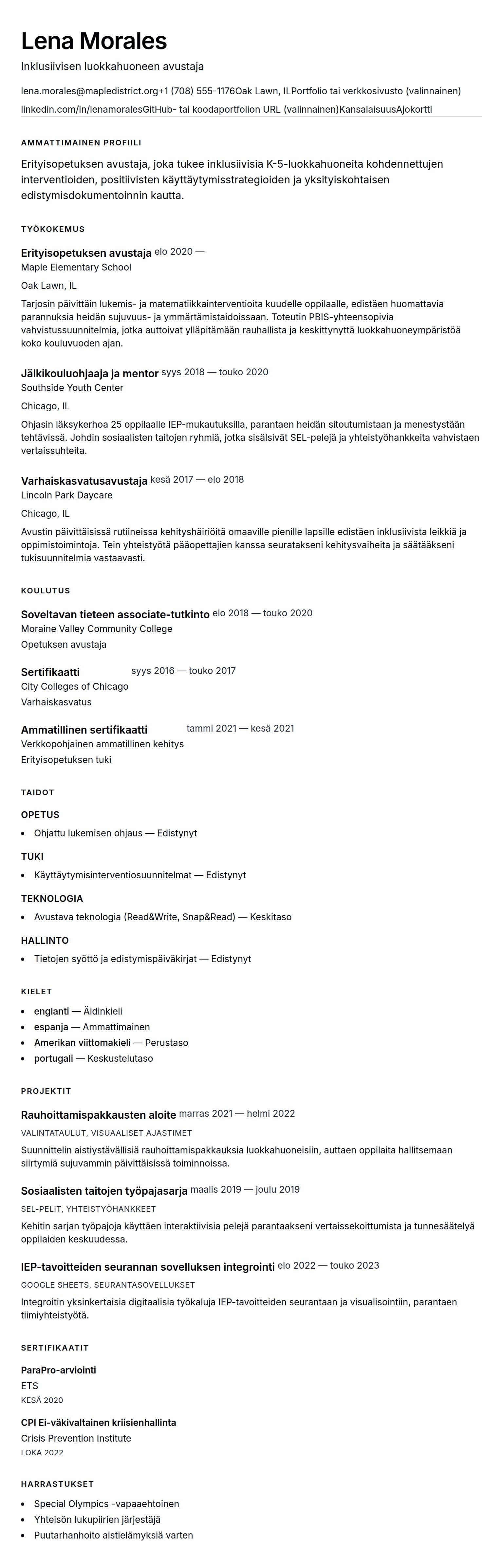 Ansioluetteloesikatselu kohteelle Erityisopetuksen avustajan ansioluetteloesimerkki