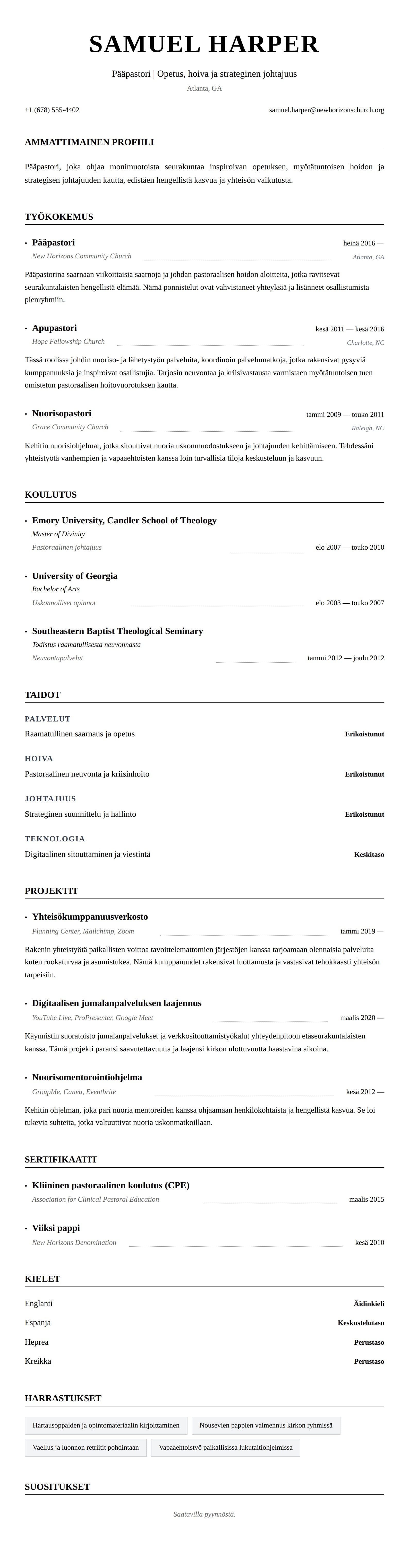 Ansioluetteloesikatselu kohteelle Pastorin ansioluetteloesimerkki
