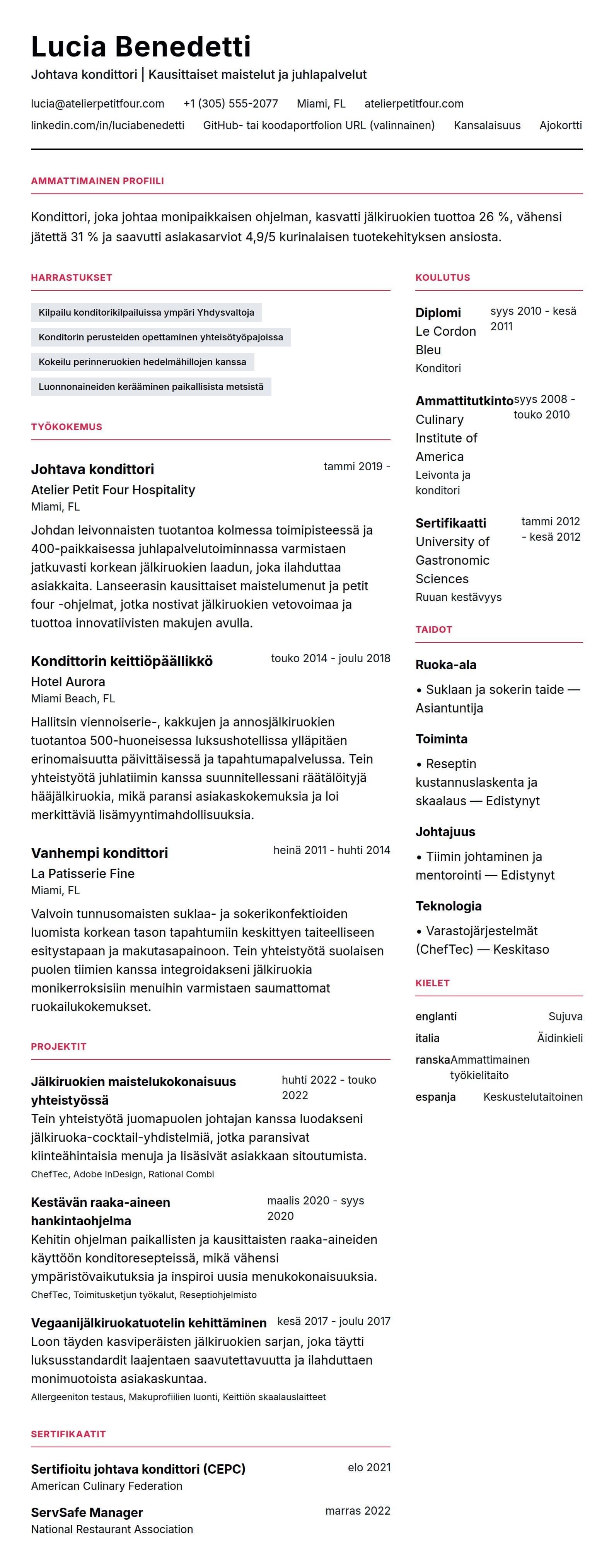 Ansioluetteloesikatselu kohteelle Kondittorin ansioluetteloesimerkki