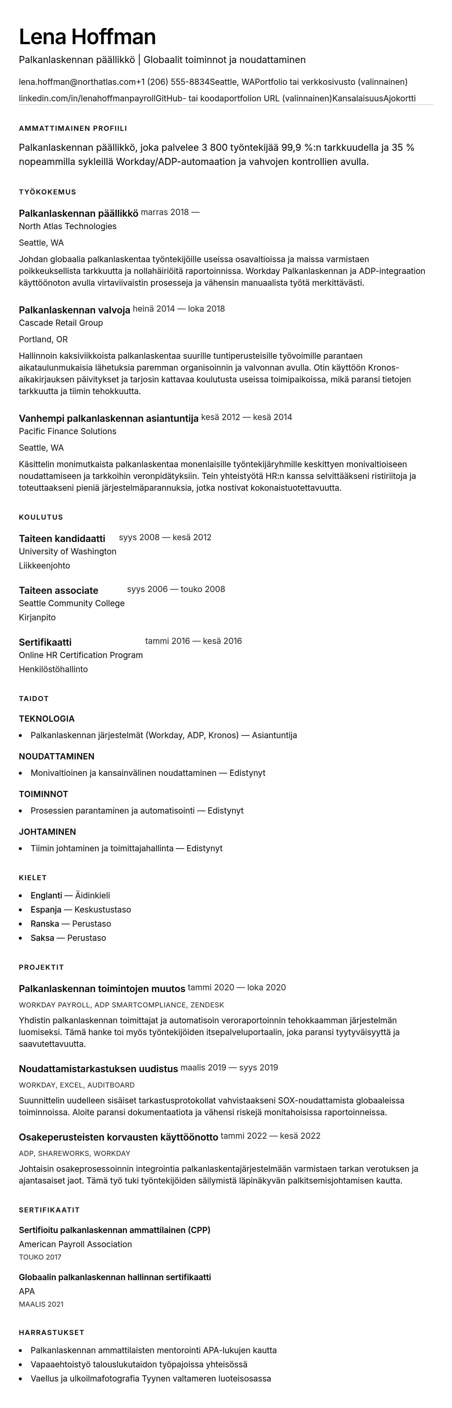 Ansioluetteloesikatselu kohteelle Palkanlaskennan päällikkö CV-esimerkki