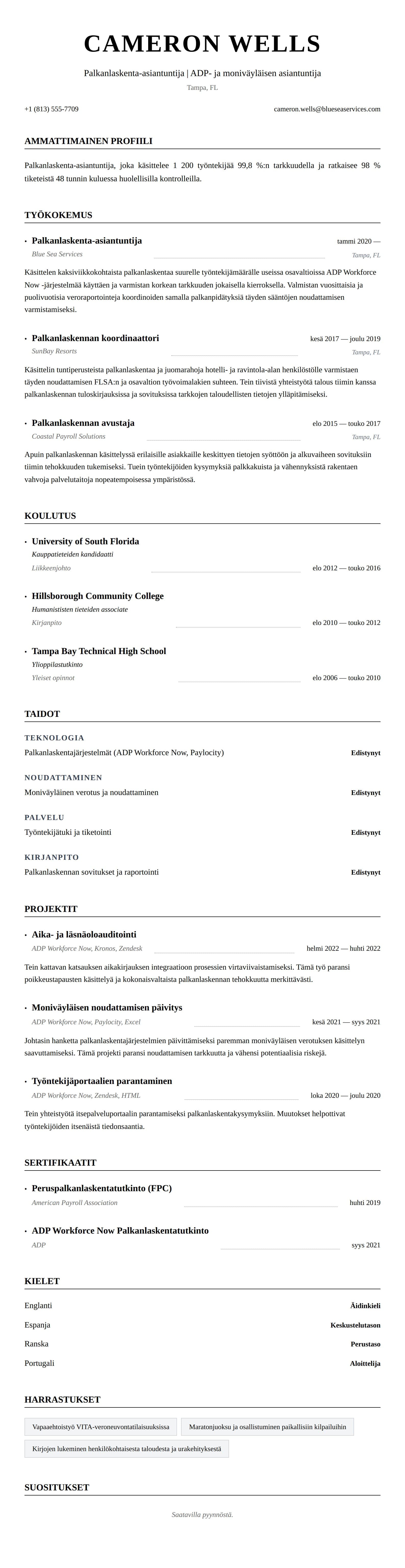 Ansioluetteloesikatselu kohteelle Palkanlaskenta-asiantuntijan CV-esimerkki