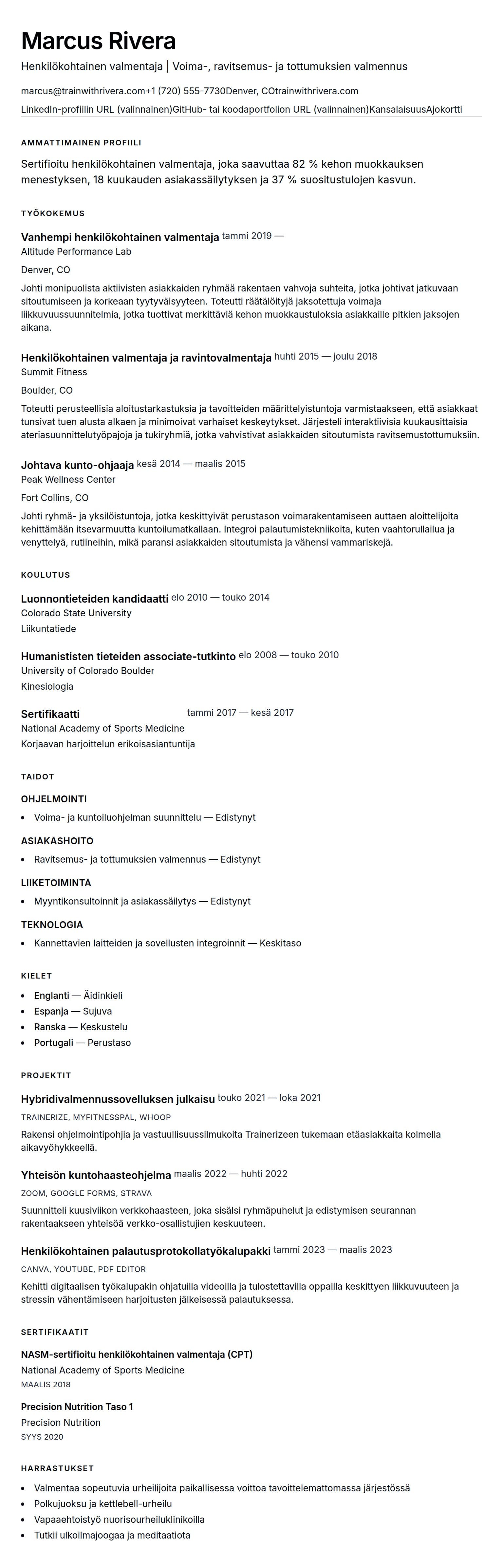 Ansioluetteloesikatselu kohteelle Henkilökohtaisen valmentajan ansioluetteloesimerkki