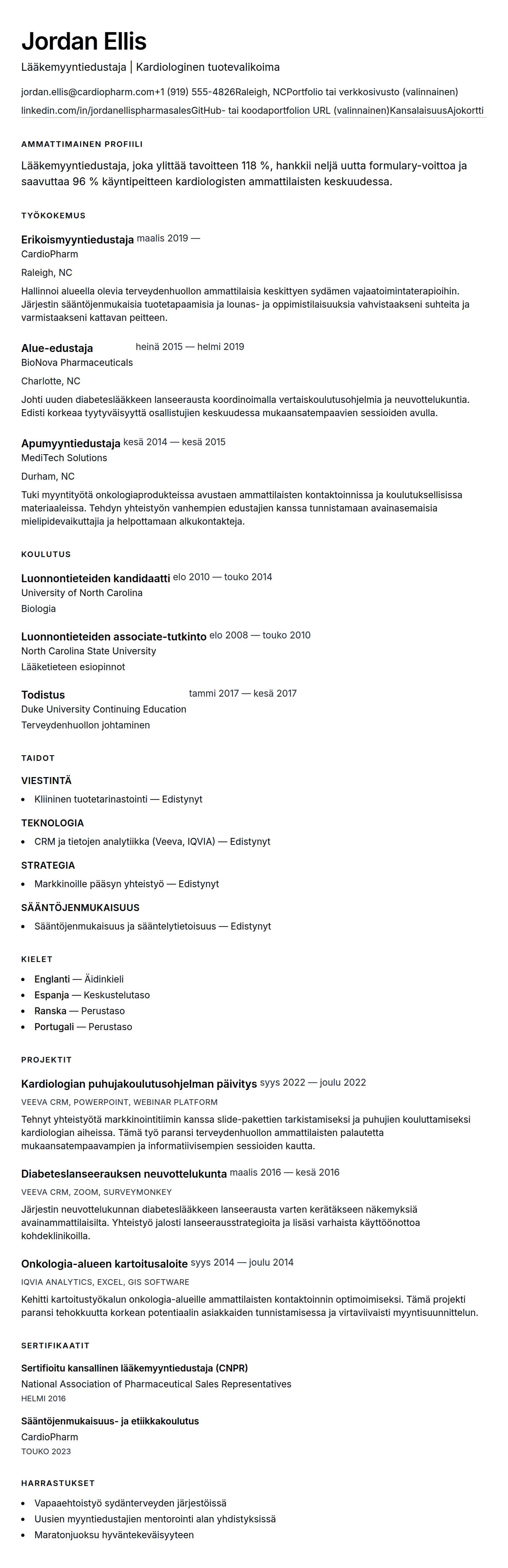 Ansioluetteloesikatselu kohteelle Lääkemyyntiedustajan ansioluetteloesimerkki