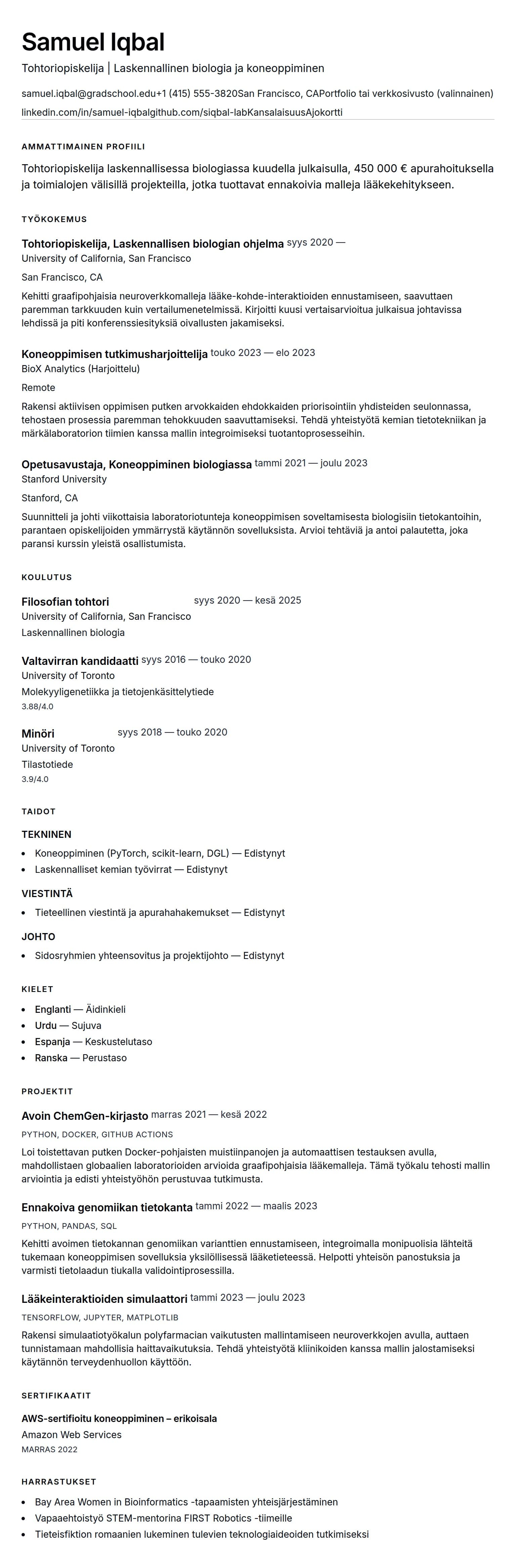 Ansioluetteloesikatselu kohteelle Tohtorin tutkinto CV -esimerkki