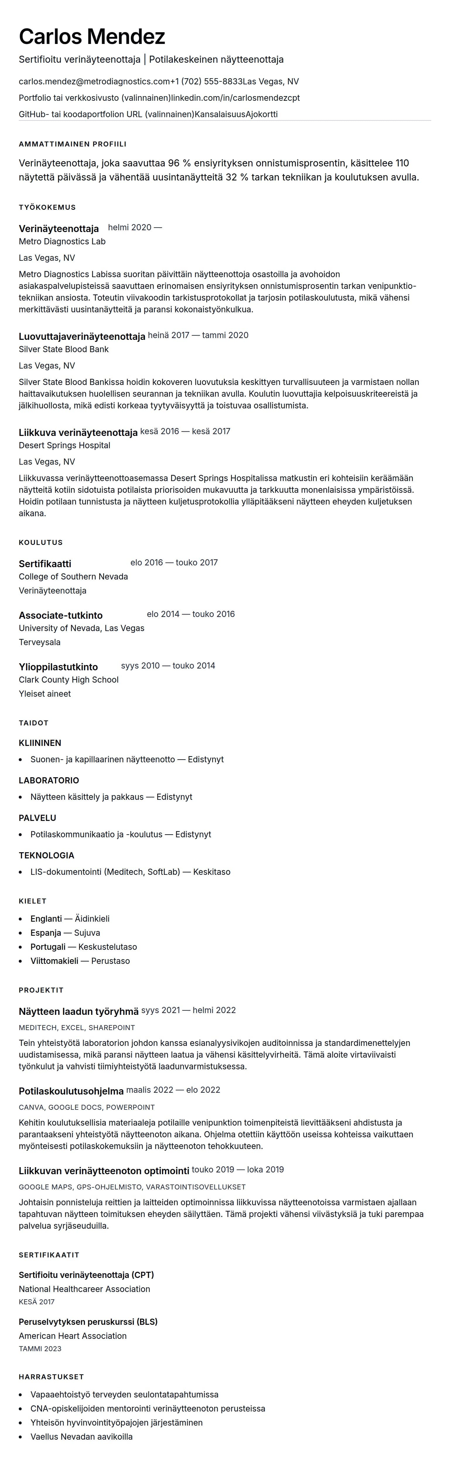 Ansioluetteloesikatselu kohteelle Verinäyteenottajan ansioluetteloesimerkki