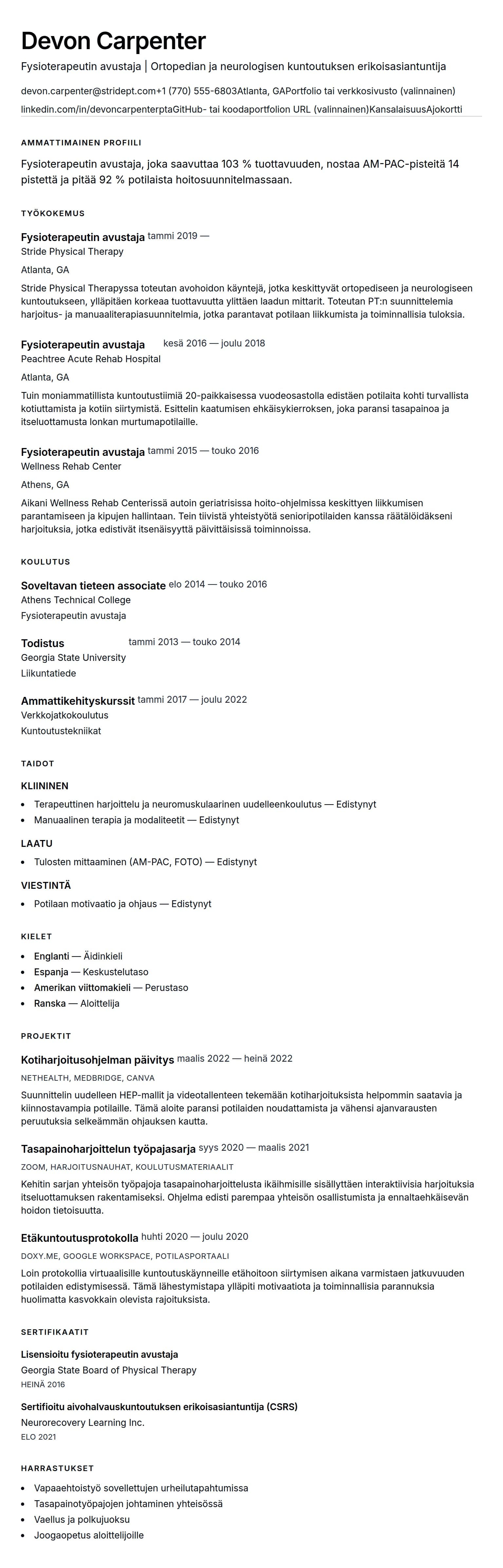 Ansioluetteloesikatselu kohteelle Fysioterapeutin avustaja (PTA) ansioluetteloesimerkki
