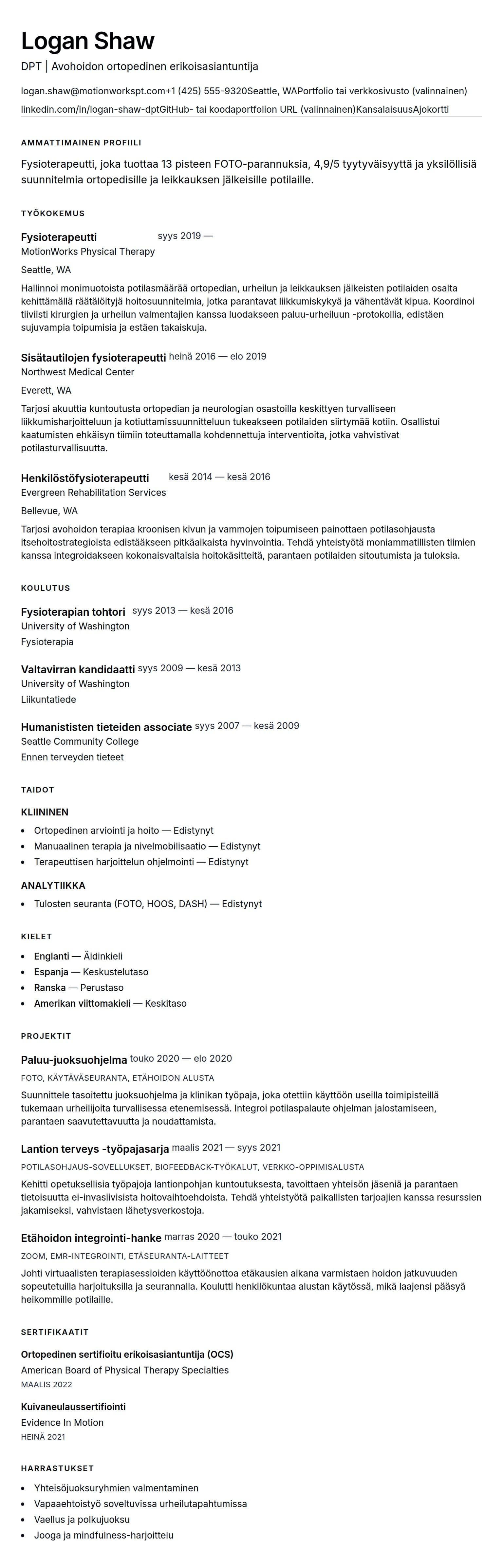 Ansioluetteloesikatselu kohteelle Fysioterapeutin ansioluettelo-esimerkki