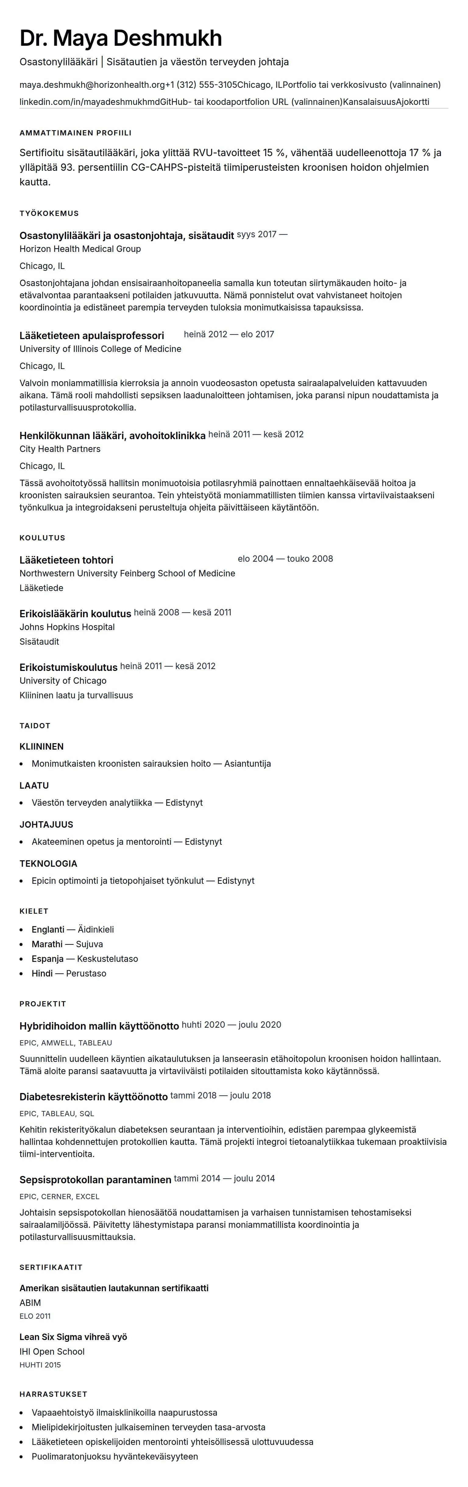 Ansioluetteloesikatselu kohteelle Lääkärin ansioluettelo-esimerkki