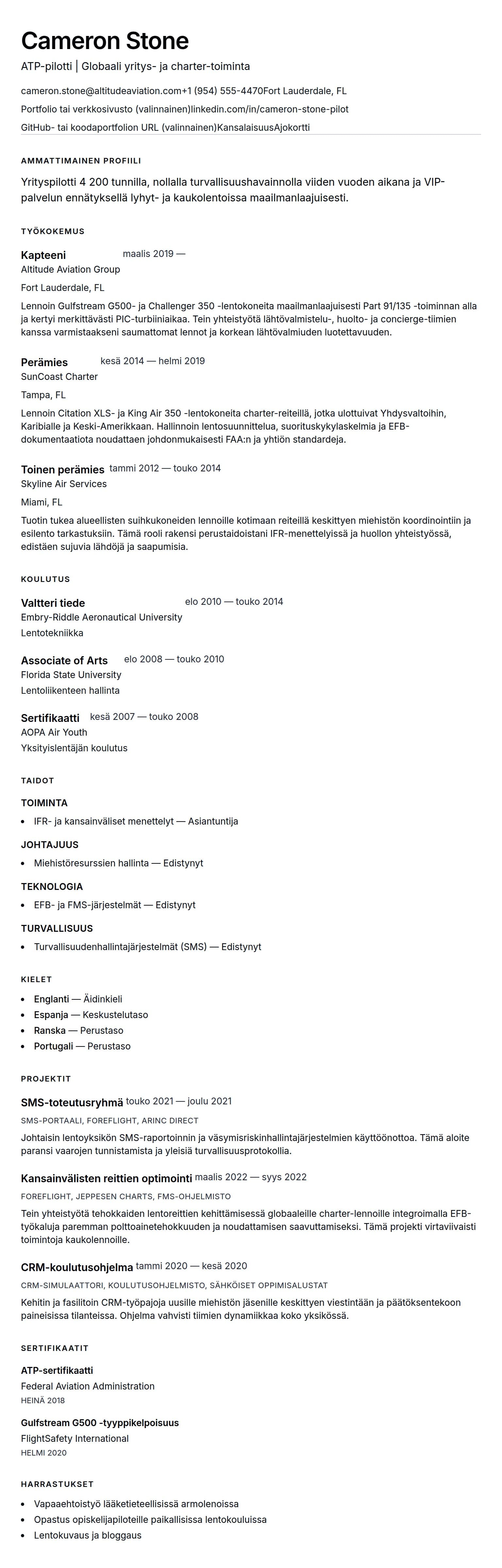 Ansioluetteloesikatselu kohteelle Pilotti CV-esimerkki