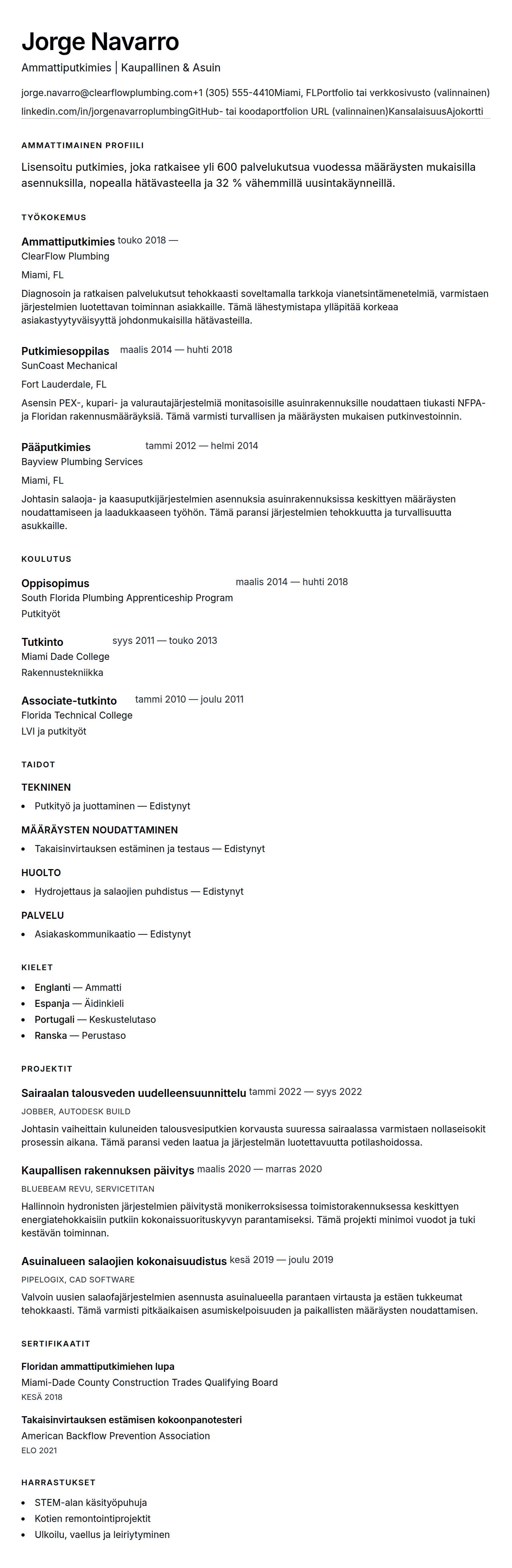 Ansioluetteloesikatselu kohteelle Putkimiehen ansioluettelo esimerkki