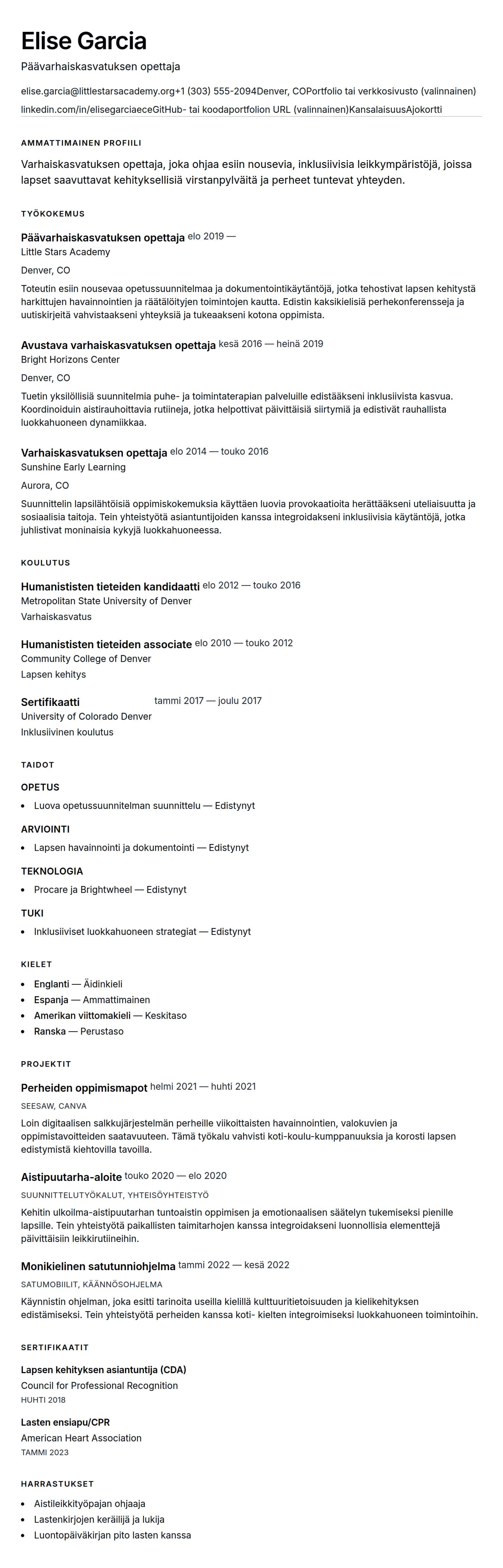 Ansioluetteloesikatselu kohteelle Varhaiskasvatuksen opettajan ansioluetteloesimerkki