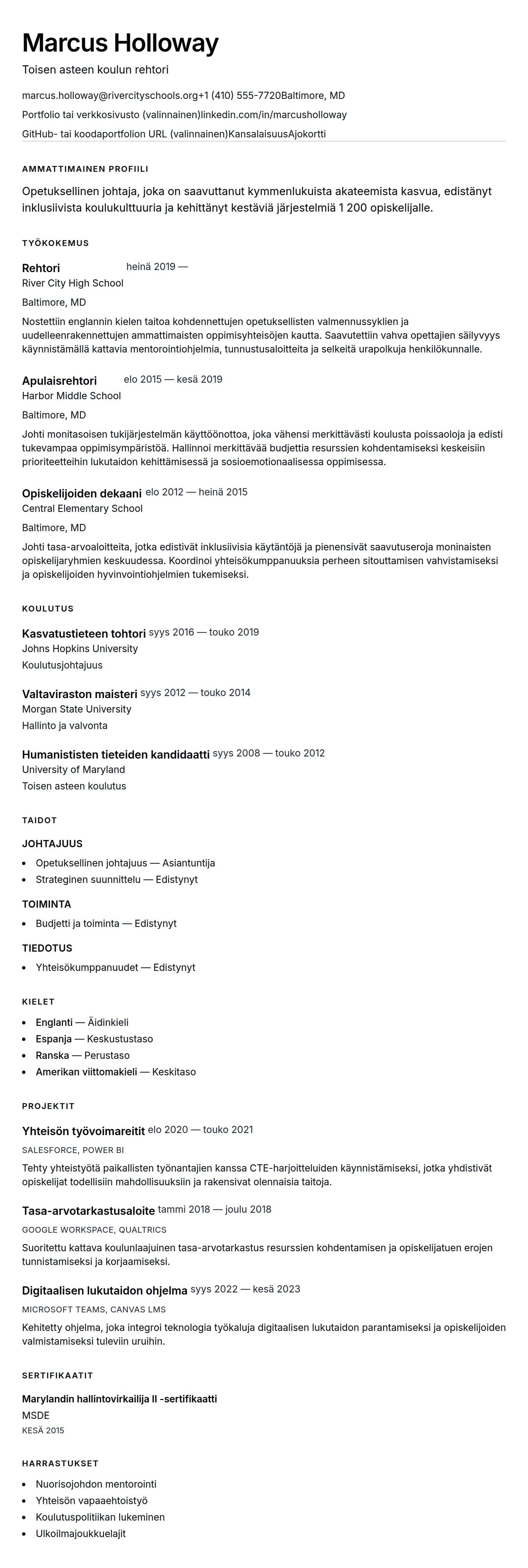 Ansioluetteloesikatselu kohteelle Rehtorin ansioluetteloesimerkki