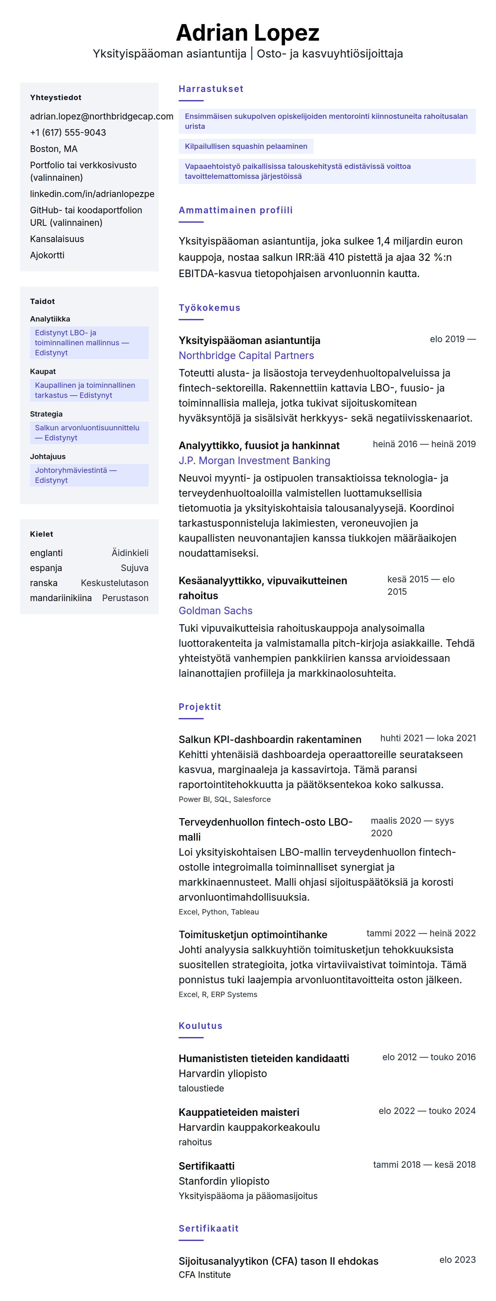 Ansioluetteloesikatselu kohteelle Yksityispääoman asiantuntijan ansioluetteloesimerkki
