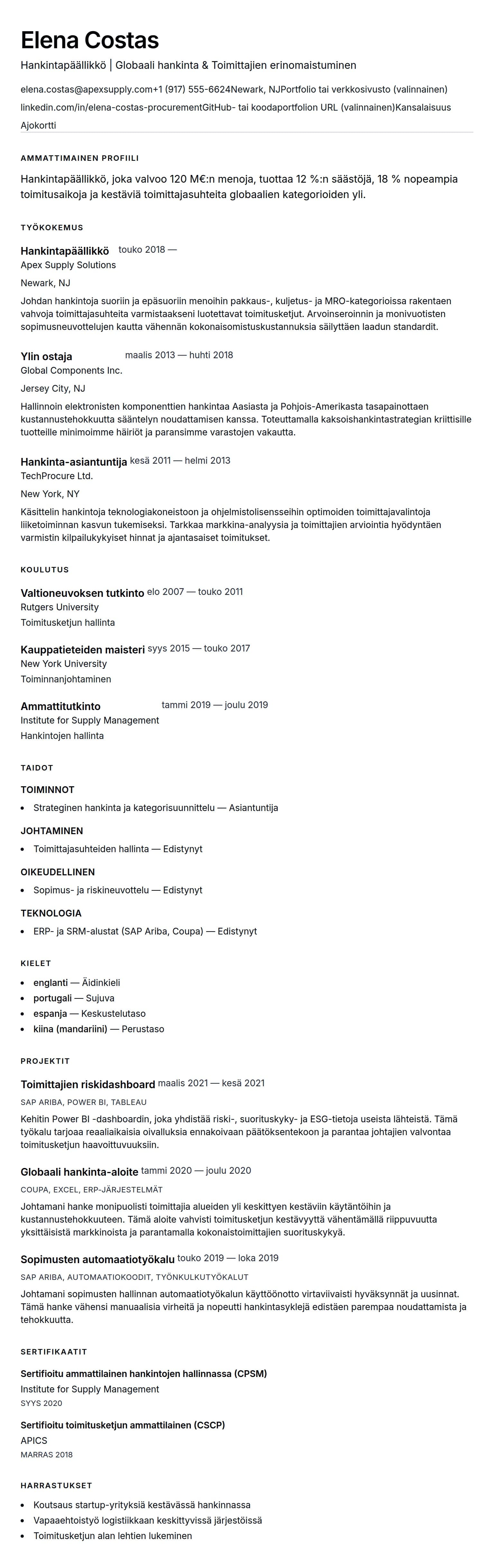 Ansioluetteloesikatselu kohteelle Hankintapäällikön ansioluetteloesimerkki