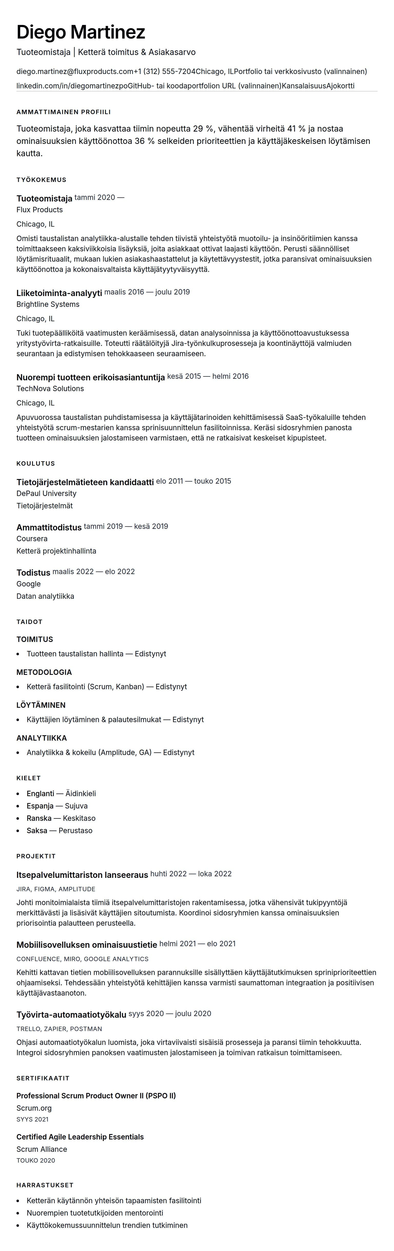 Ansioluetteloesikatselu kohteelle Tuoteomistajan ansioluetteloesimerkki