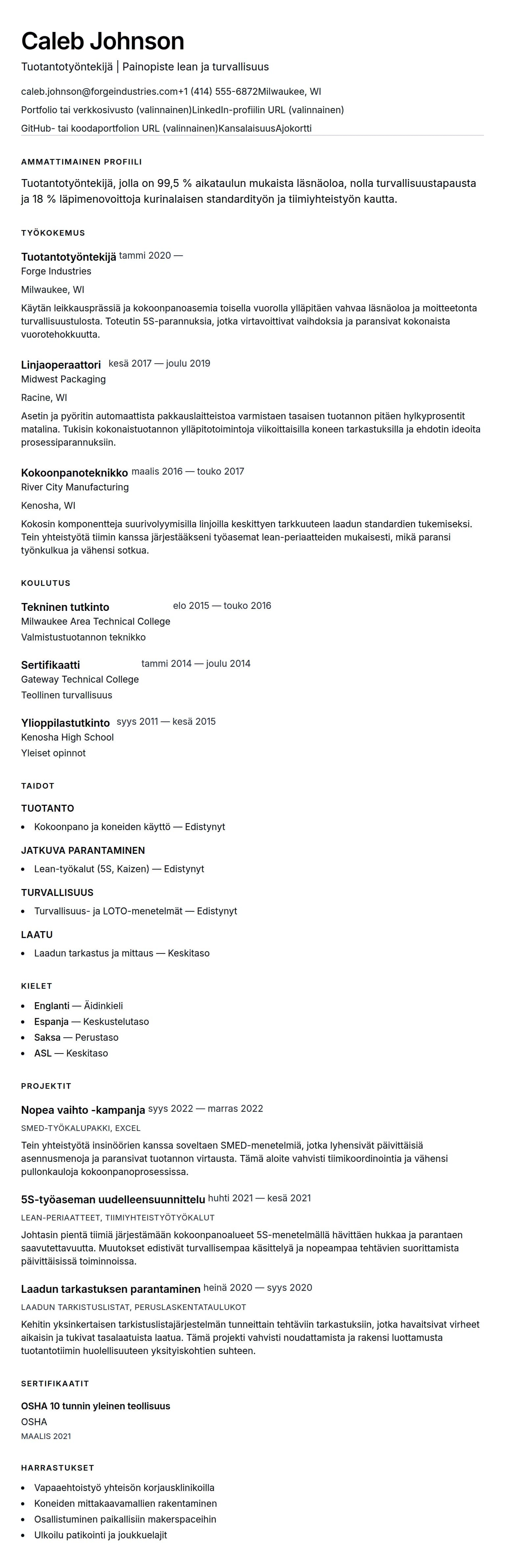 Ansioluetteloesikatselu kohteelle Tuotantotyöntekijän ansioluetteloesimerkki
