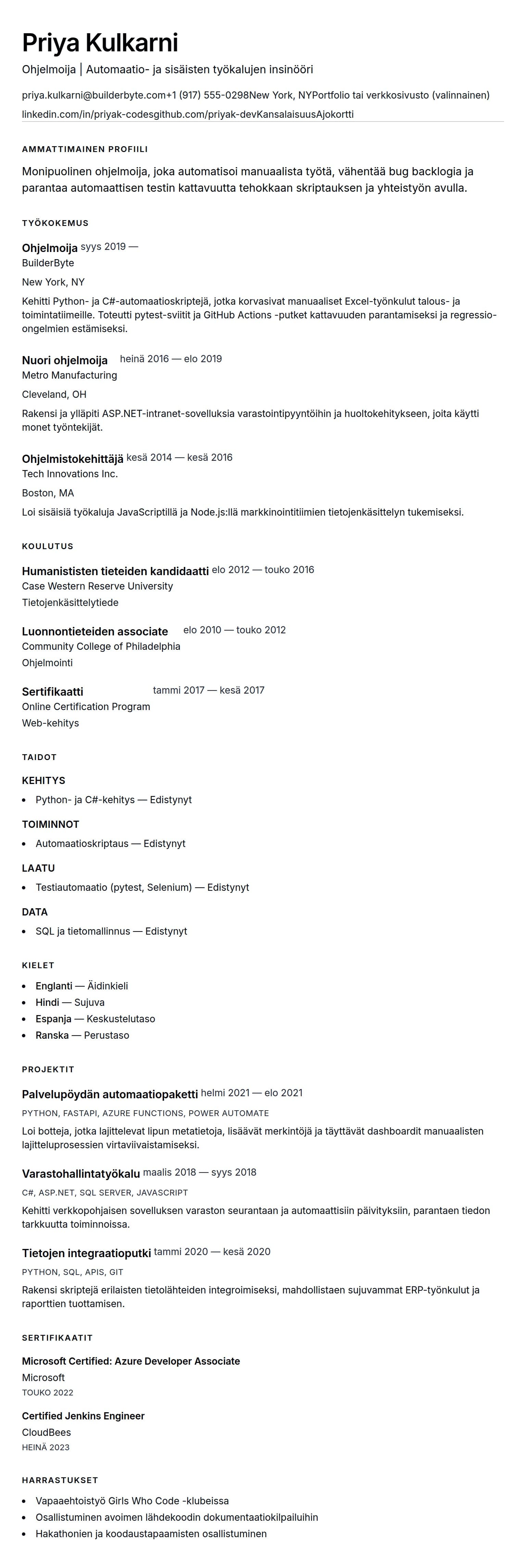 Ansioluetteloesikatselu kohteelle Ohjelmoijan ansioluetteloesimerkki