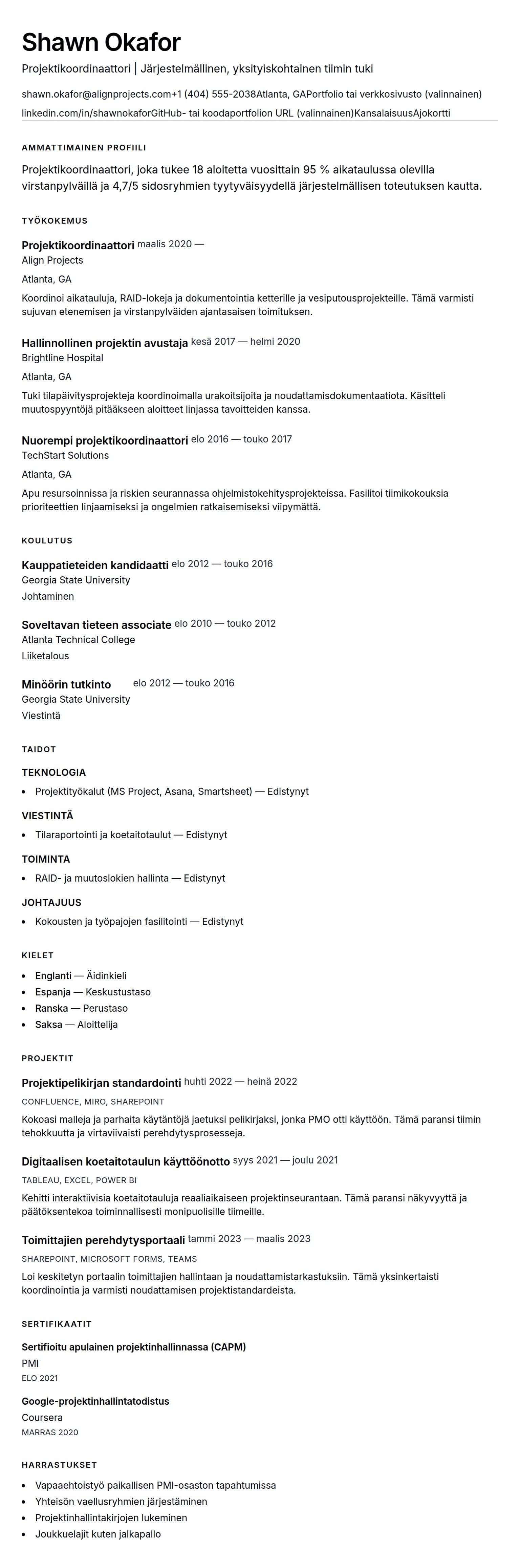 Ansioluetteloesikatselu kohteelle Projektikoordinaattorin CV-esimerkki