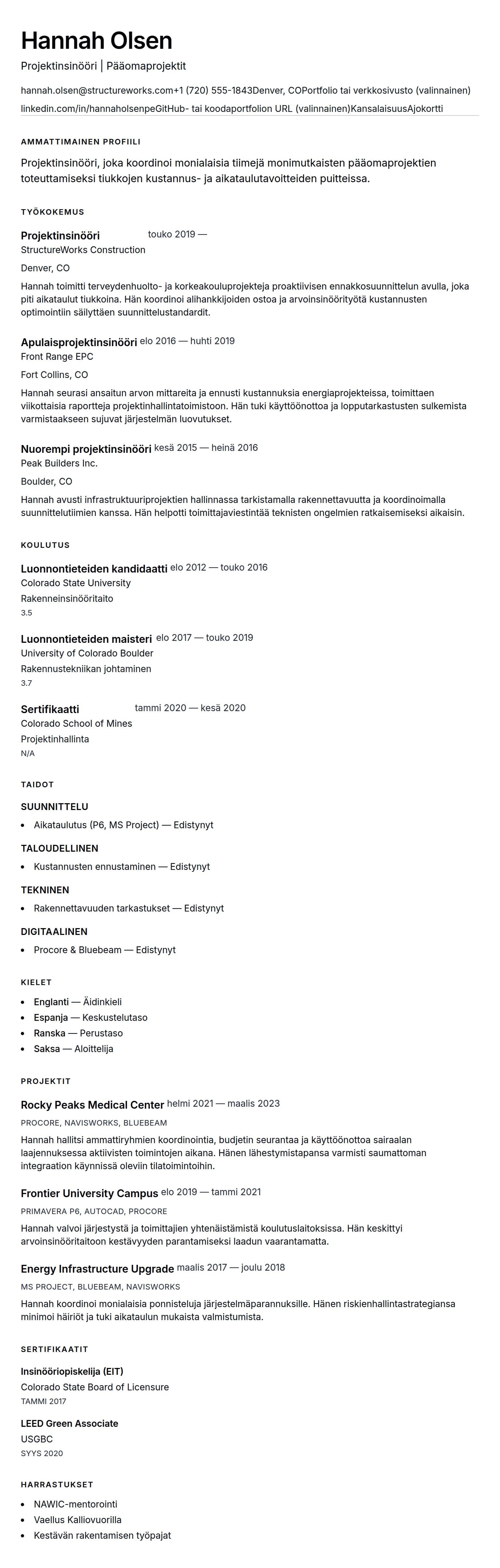 Ansioluetteloesikatselu kohteelle Projektinsinöörin ansioluettelon esimerkki