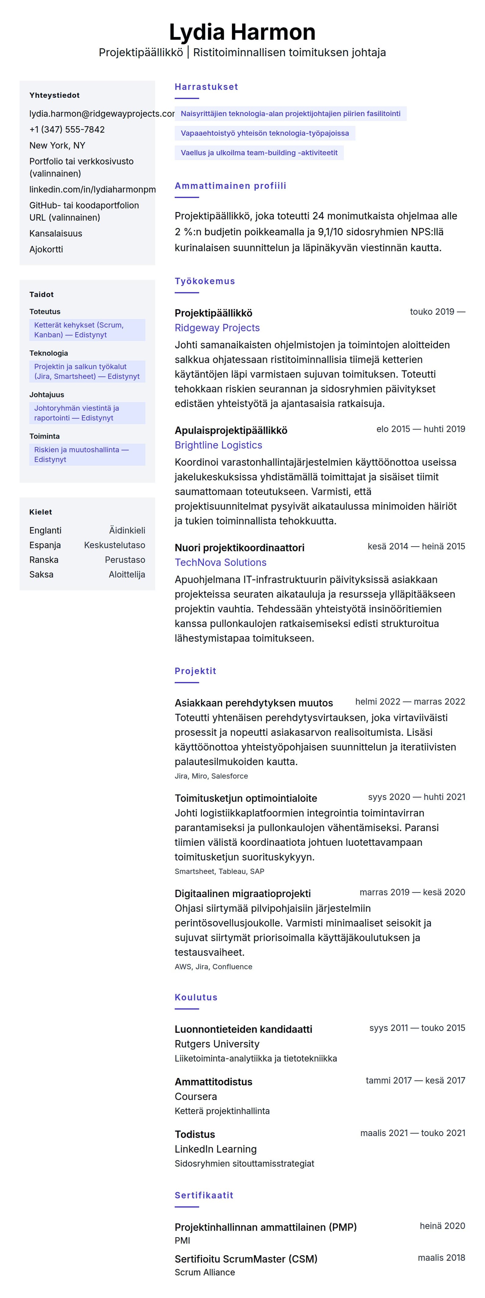 Ansioluetteloesikatselu kohteelle Projektipäällikön ansioluettelon esimerkki