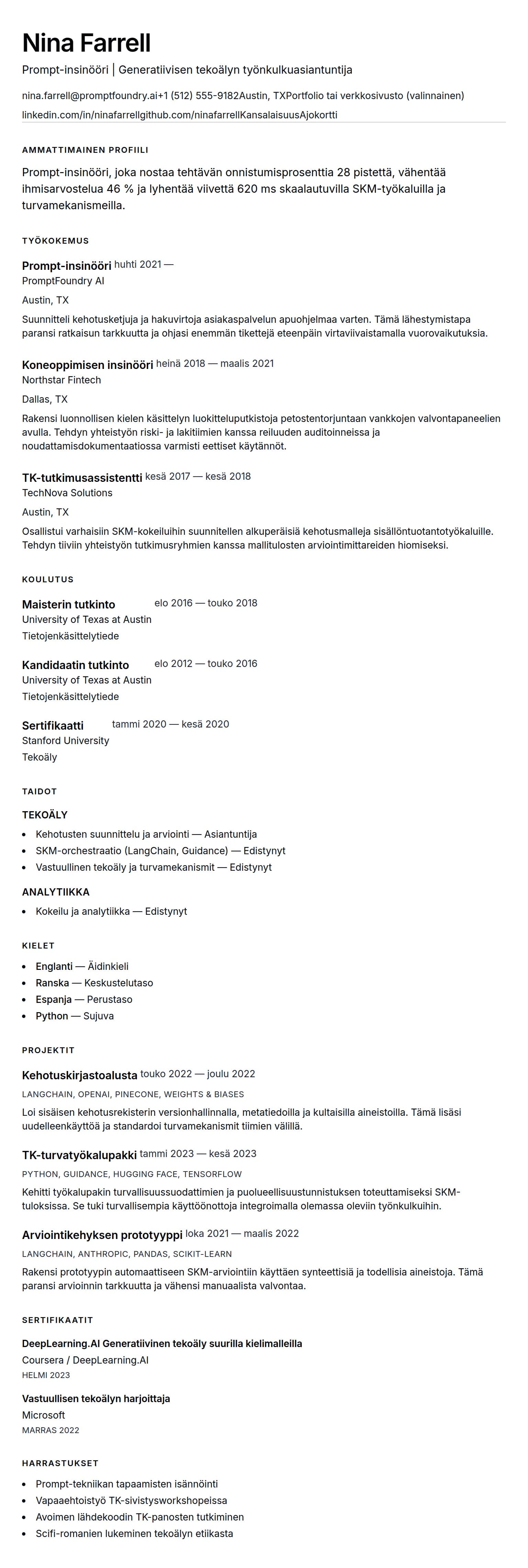 Ansioluetteloesikatselu kohteelle Prompt-insinööri CV-esimerkki