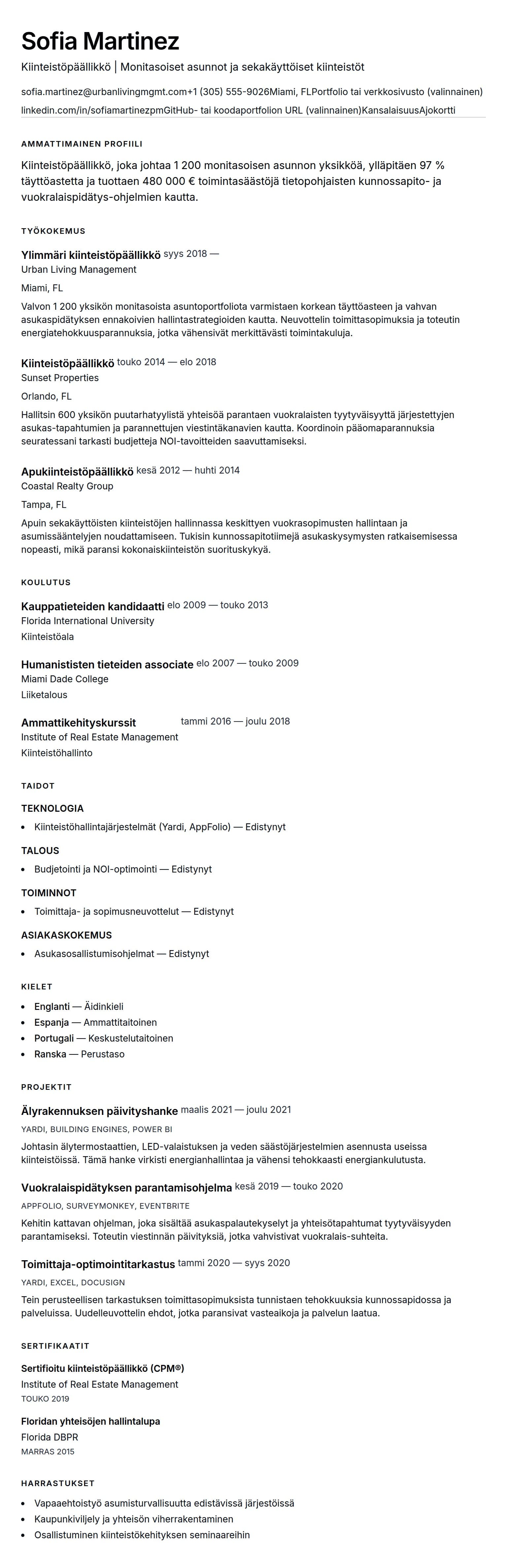 Ansioluetteloesikatselu kohteelle Kiinteistöpäällikön CV-esimerkki