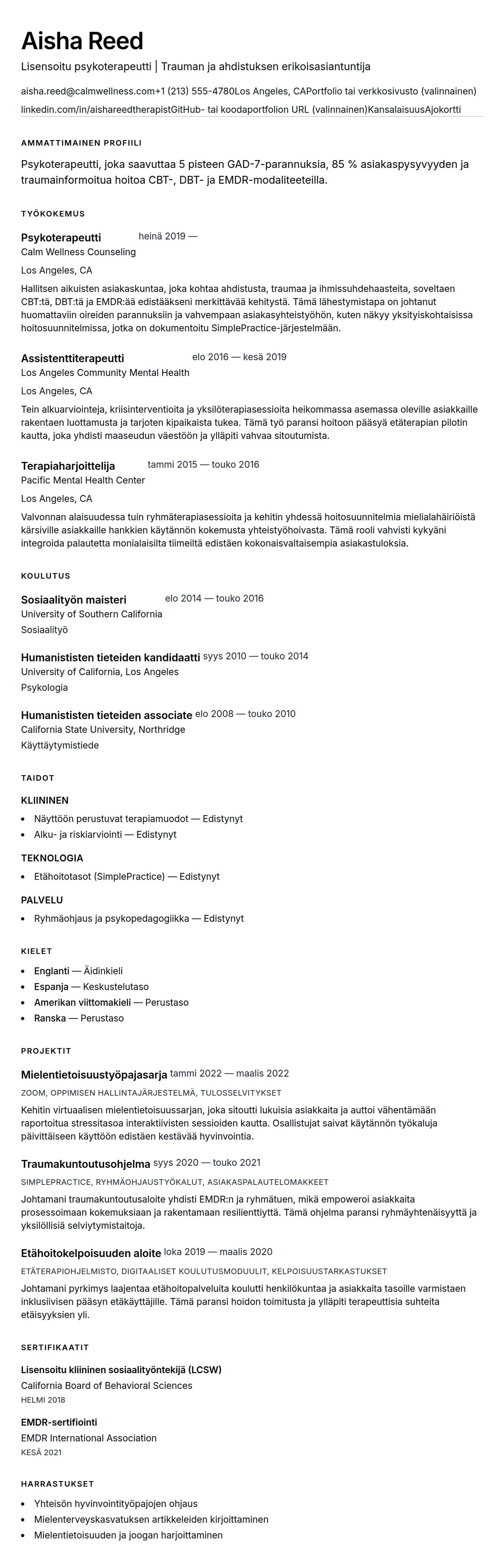 Ansioluetteloesikatselu kohteelle Psykoterapeutin ansioluettelon esimerkki