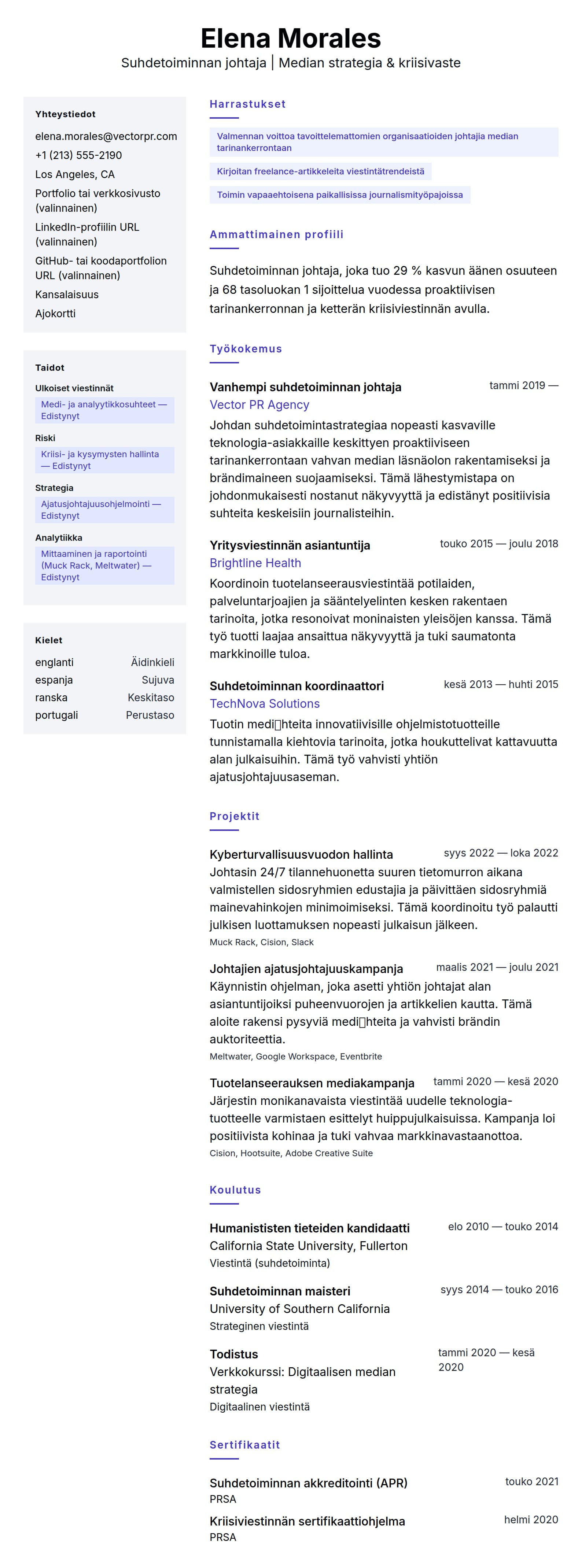 Ansioluetteloesikatselu kohteelle Suhdetoiminnan johtajan ansioluettelo-esimerkki