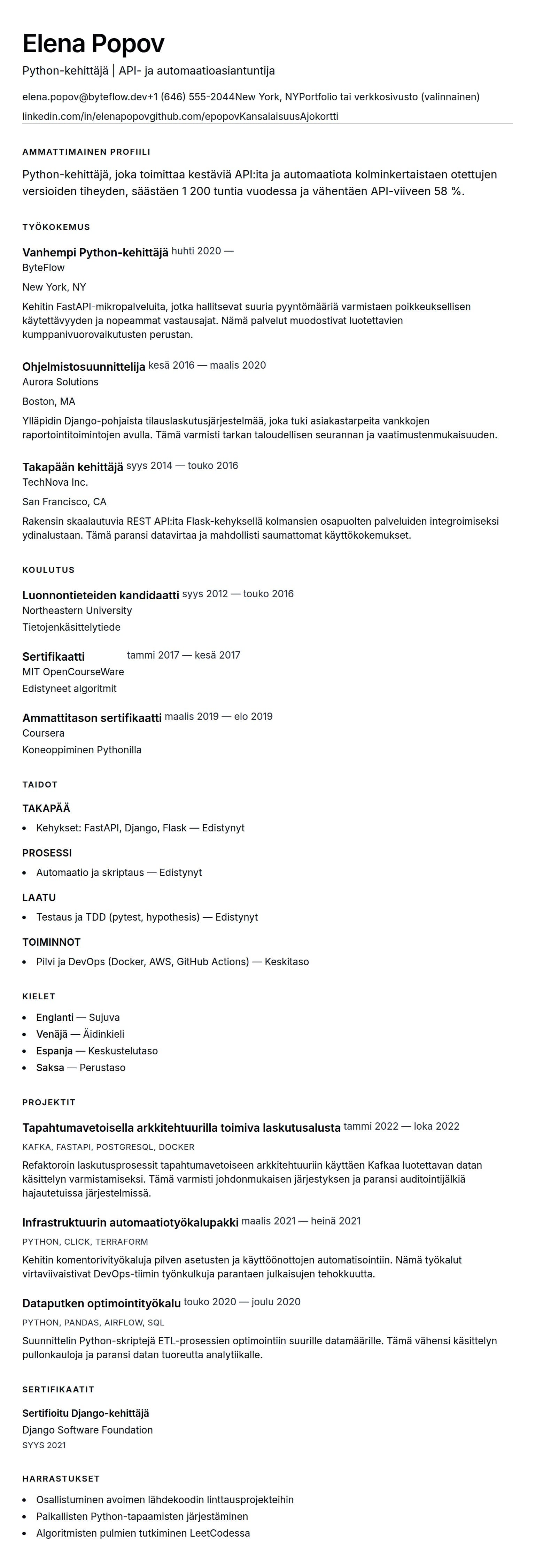 Ansioluetteloesikatselu kohteelle Python-kehittäjän ansioluetteloesimerkki