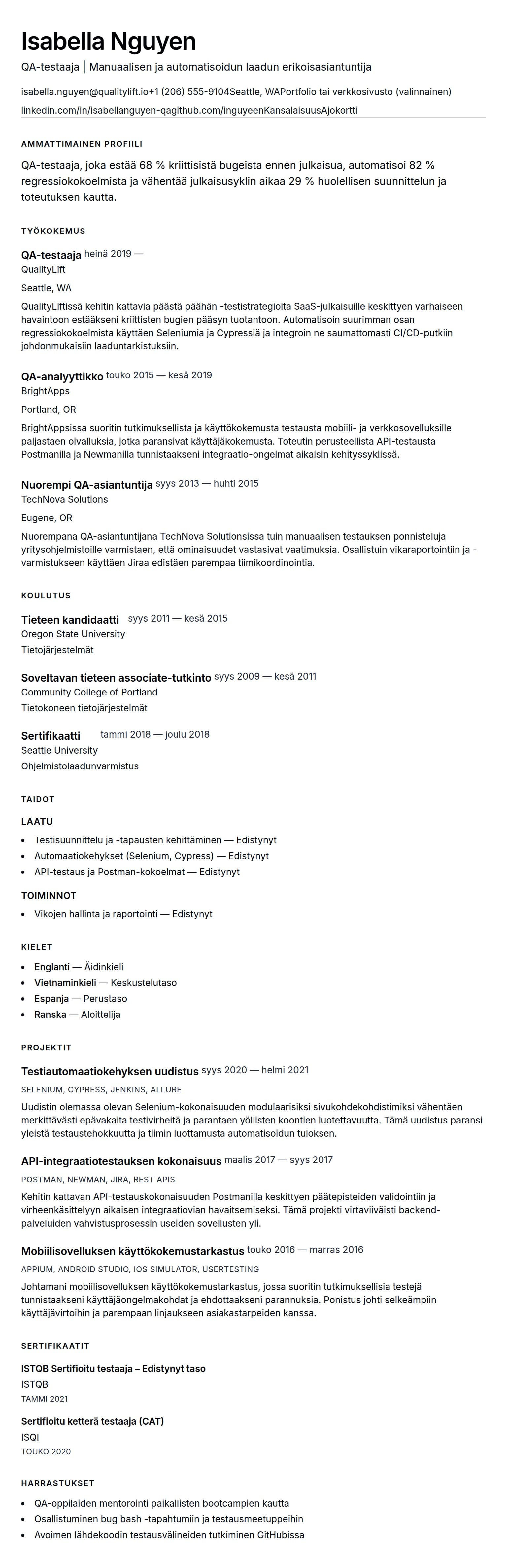 Ansioluetteloesikatselu kohteelle QA-testaajan ansioluetteloesimerkki