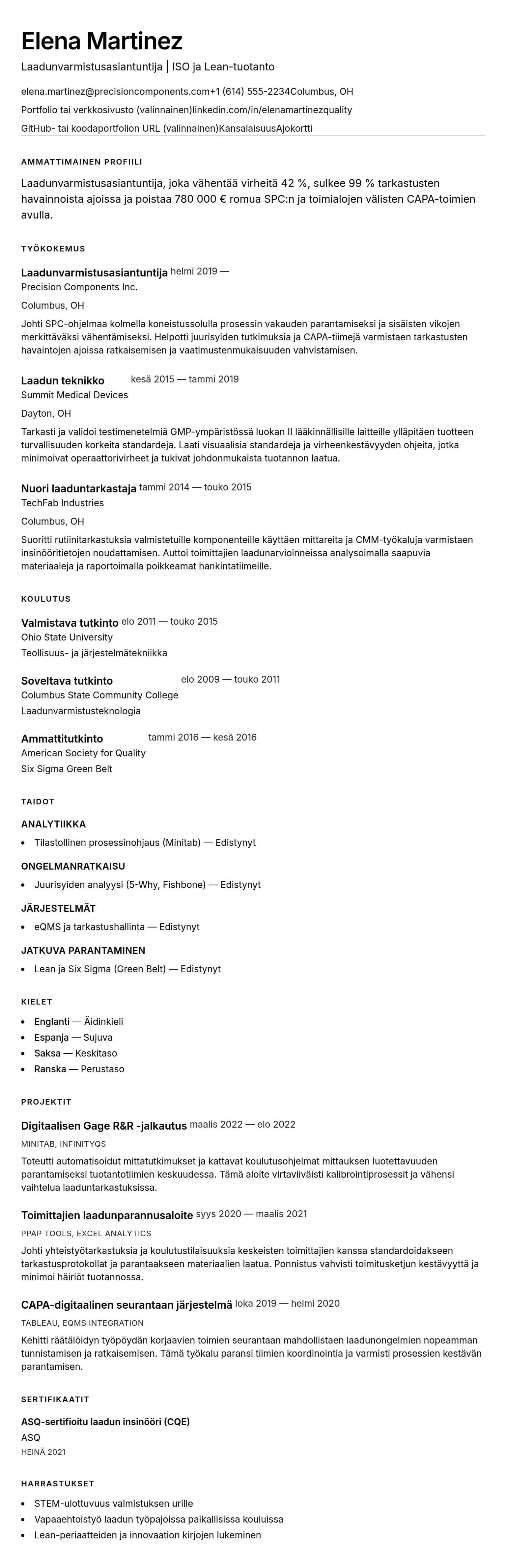 Ansioluetteloesikatselu kohteelle Laadunvarmistusasiantuntijan ansioluetteloesimerkki
