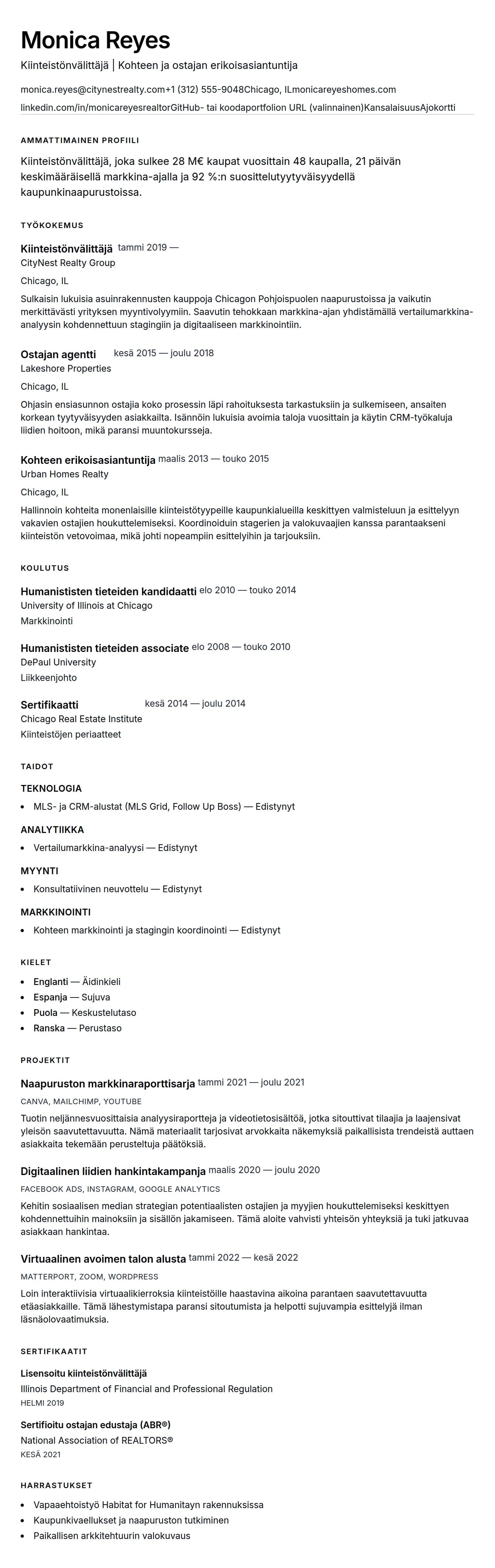Ansioluetteloesikatselu kohteelle Kiinteistönvälittäjän CV-esimerkki