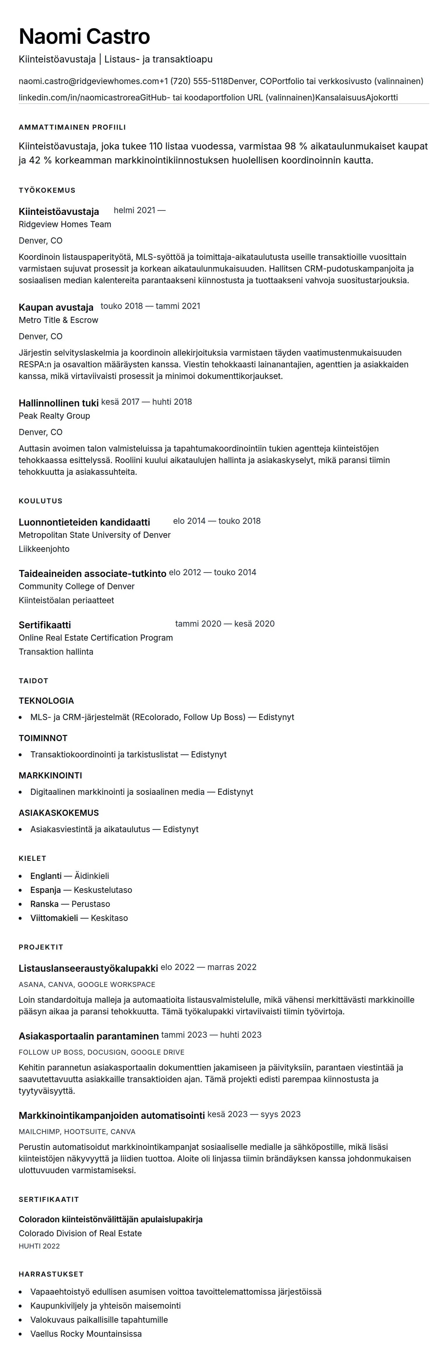 Ansioluetteloesikatselu kohteelle Kiinteistöavustajan CV-esimerkki