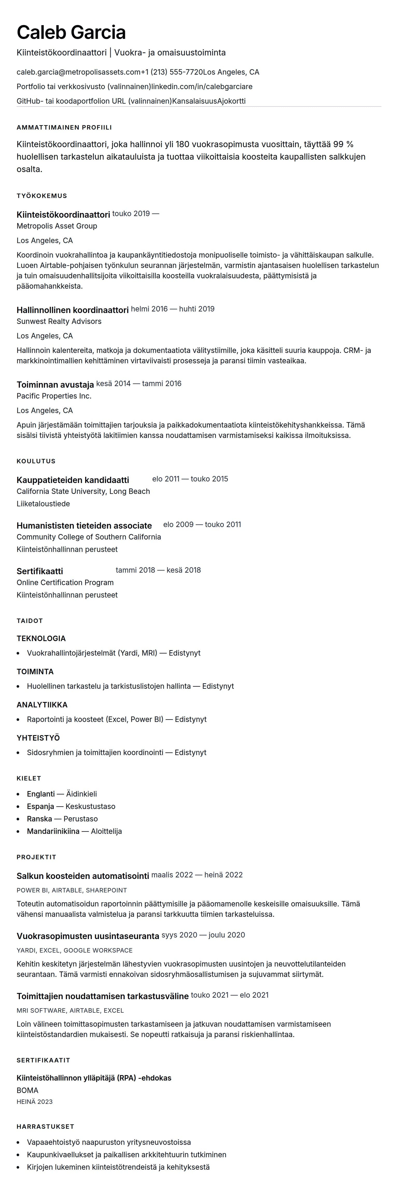 Ansioluetteloesikatselu kohteelle Kiinteistökoordinaattorin ansioluettelon esimerkki