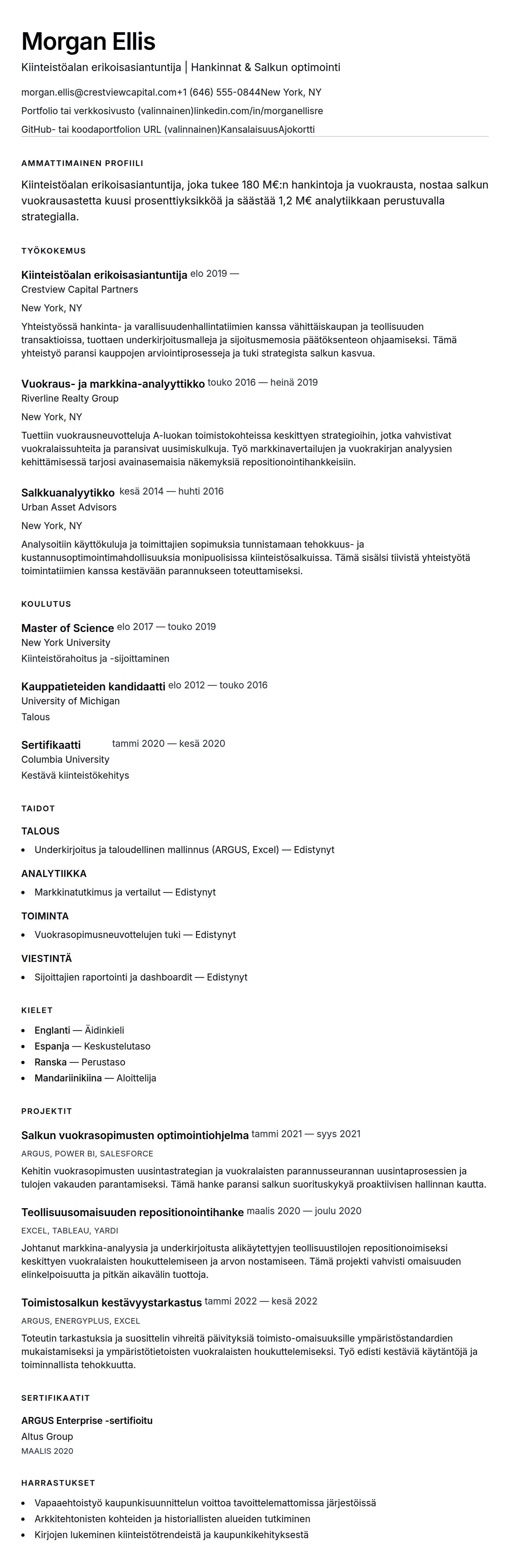 Ansioluetteloesikatselu kohteelle Esimerkki kiinteistöalan erikoisasiantuntijan ansioluettelosta