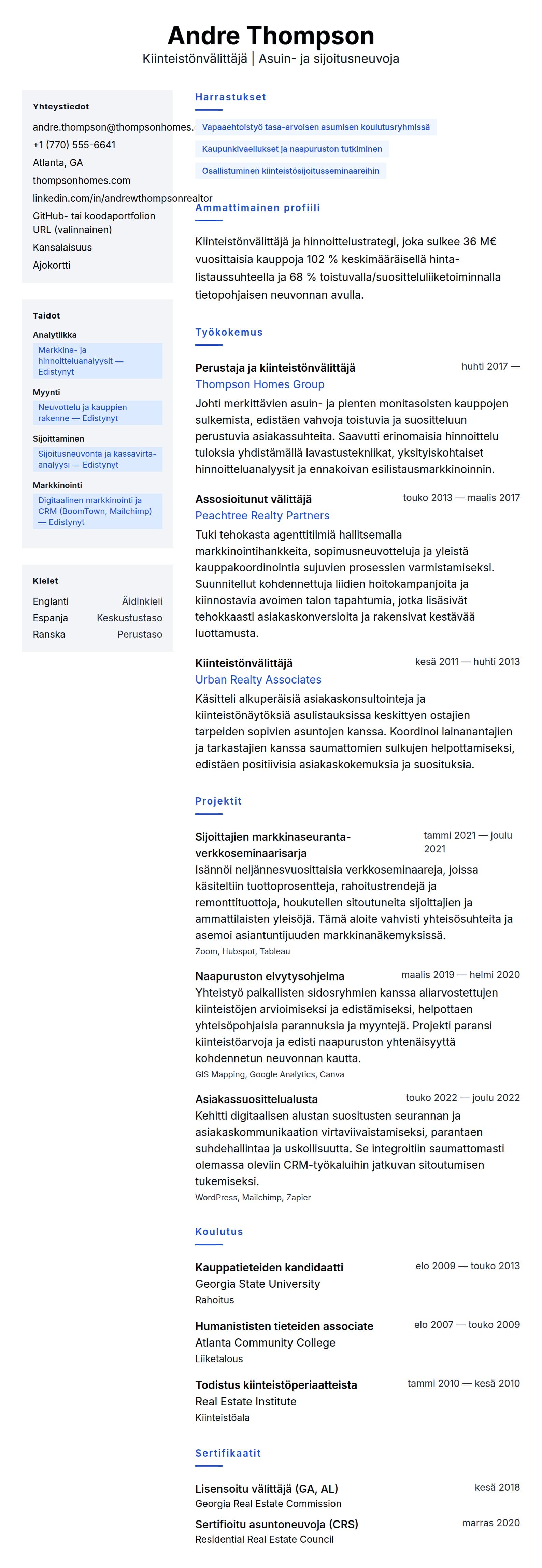 Ansioluetteloesikatselu kohteelle Kiinteistönvälittäjän CV-esimerkki