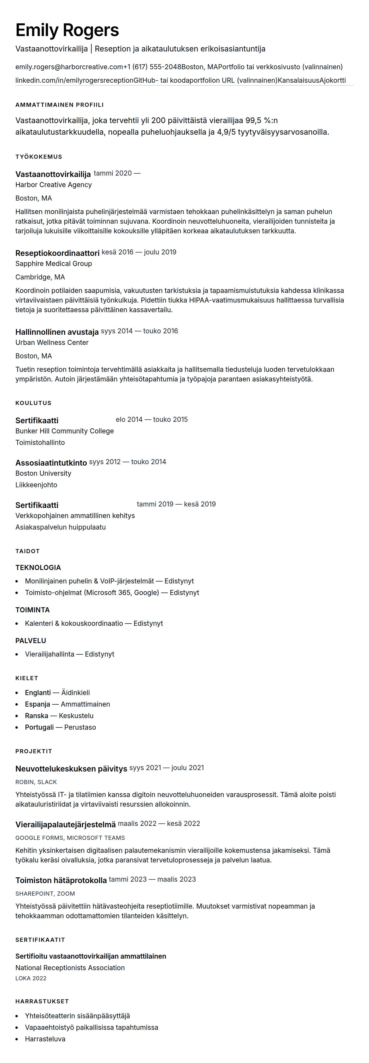 Ansioluetteloesikatselu kohteelle Vastaanottovirkailijan CV-esimerkki