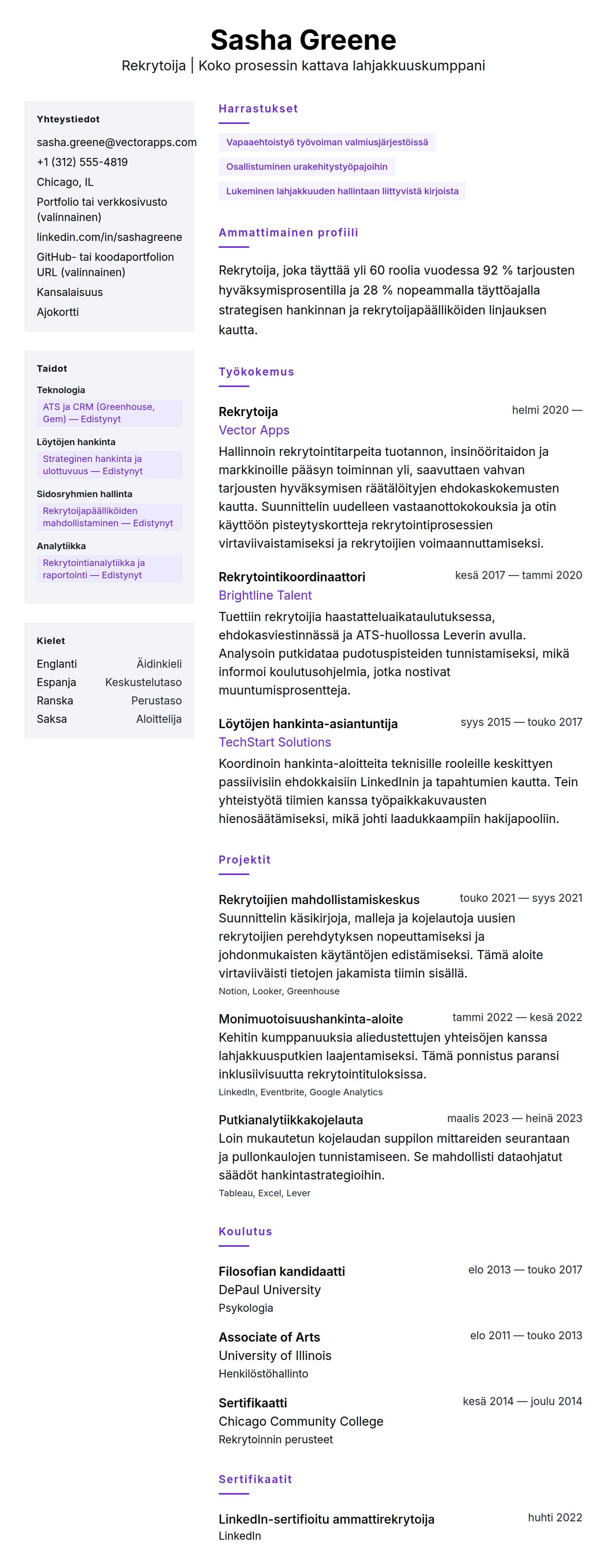 Ansioluetteloesikatselu kohteelle Rekrytoijan CV-esimerkki