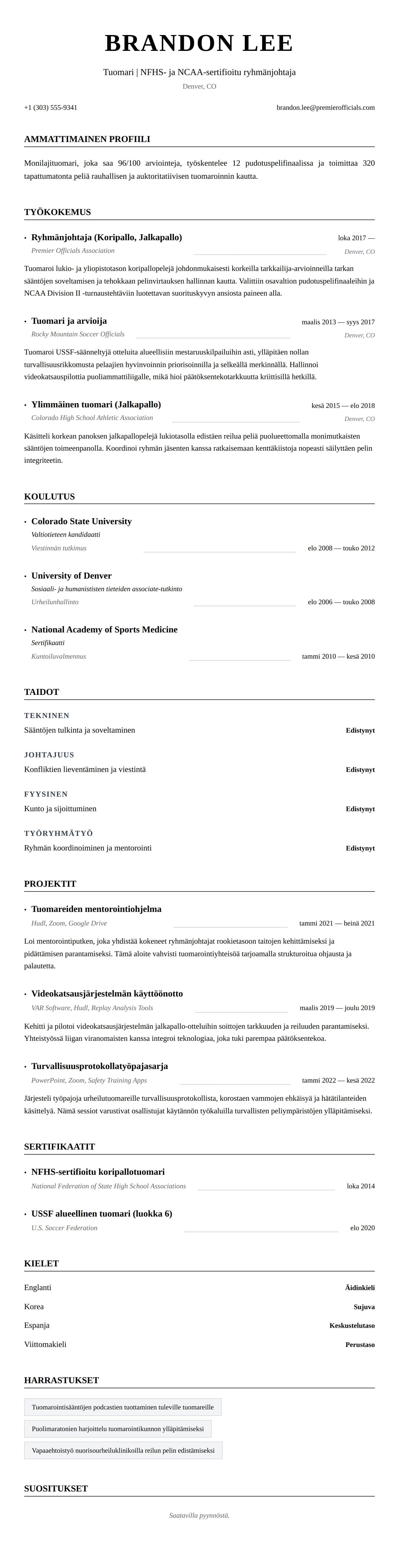 Ansioluetteloesikatselu kohteelle Tuomarin ansioluetteloesimerkki