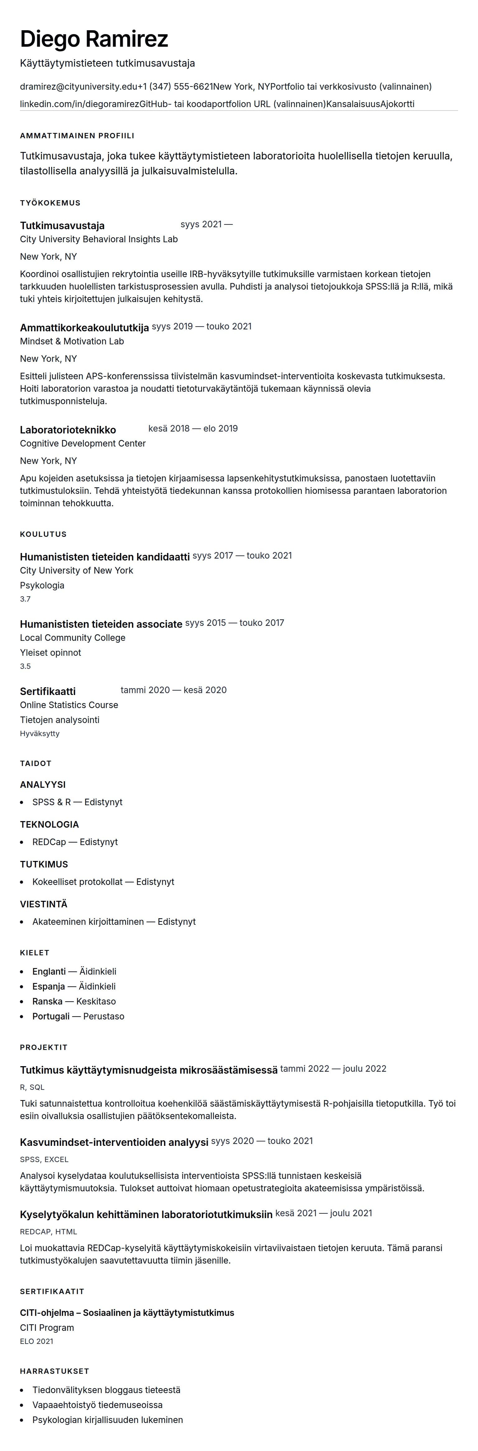 Ansioluetteloesikatselu kohteelle Tutkimusavustajan ansioluetteloesimerkki