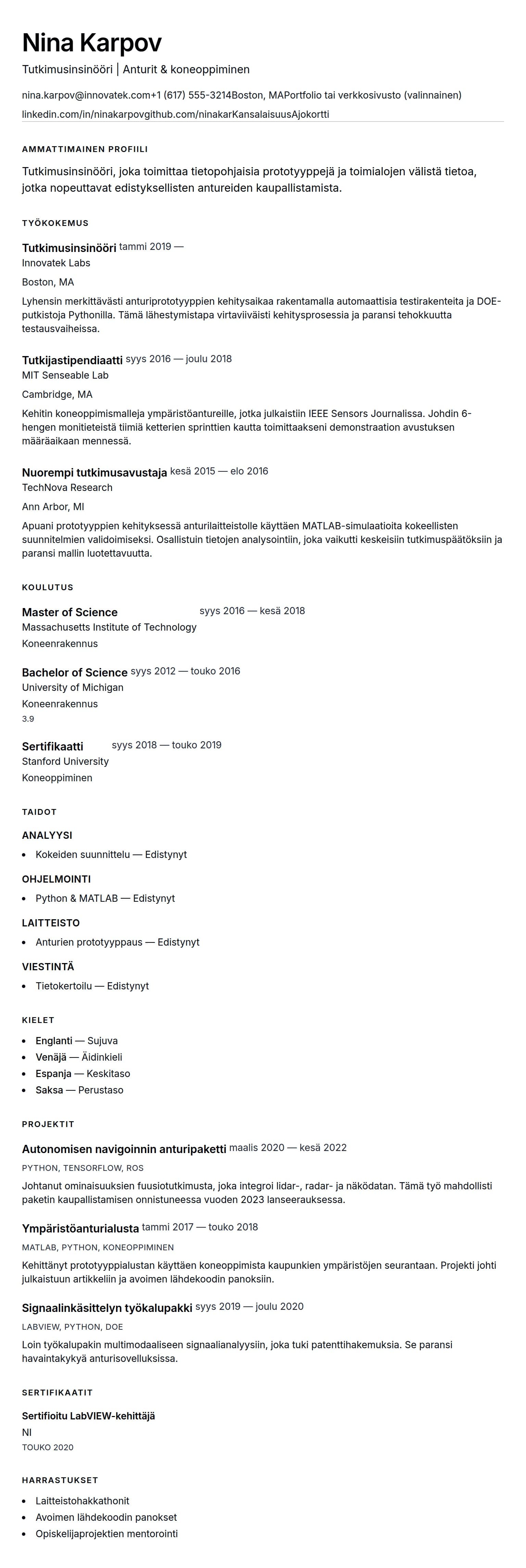 Ansioluetteloesikatselu kohteelle Tutkimusinsinöörin ansioluettelon esimerkki