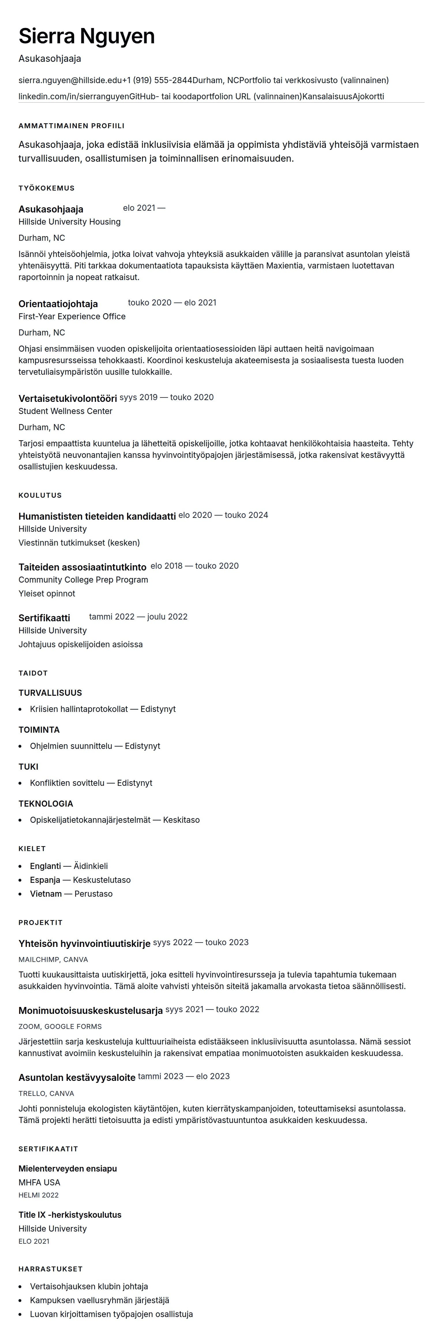 Ansioluetteloesikatselu kohteelle Asukasohjaajan CV-esimerkki