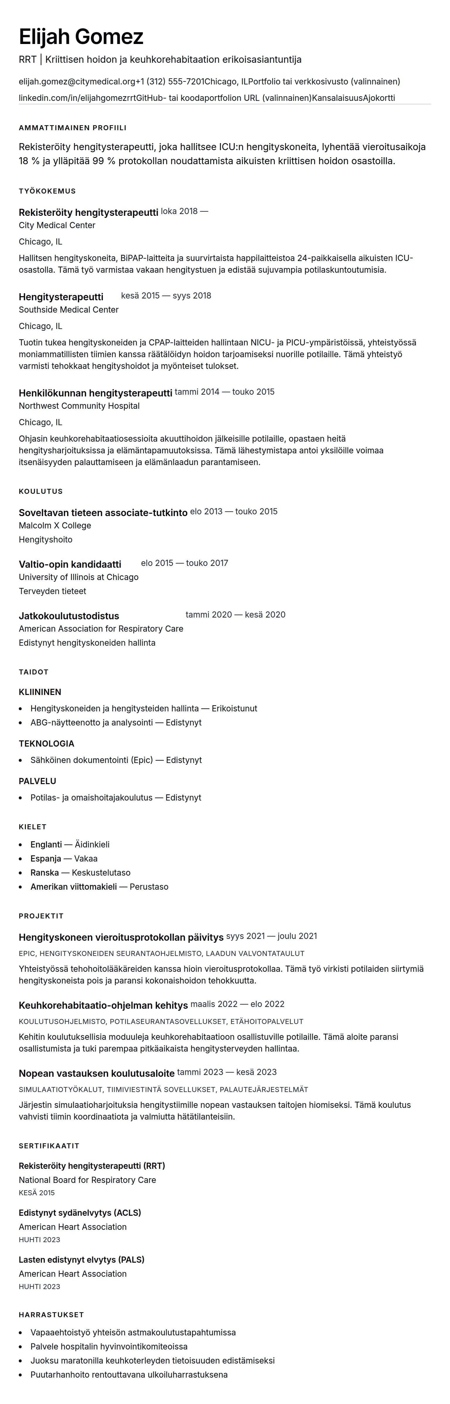 Ansioluetteloesikatselu kohteelle Hengitysterapeutin ansioluettelo esimerkki