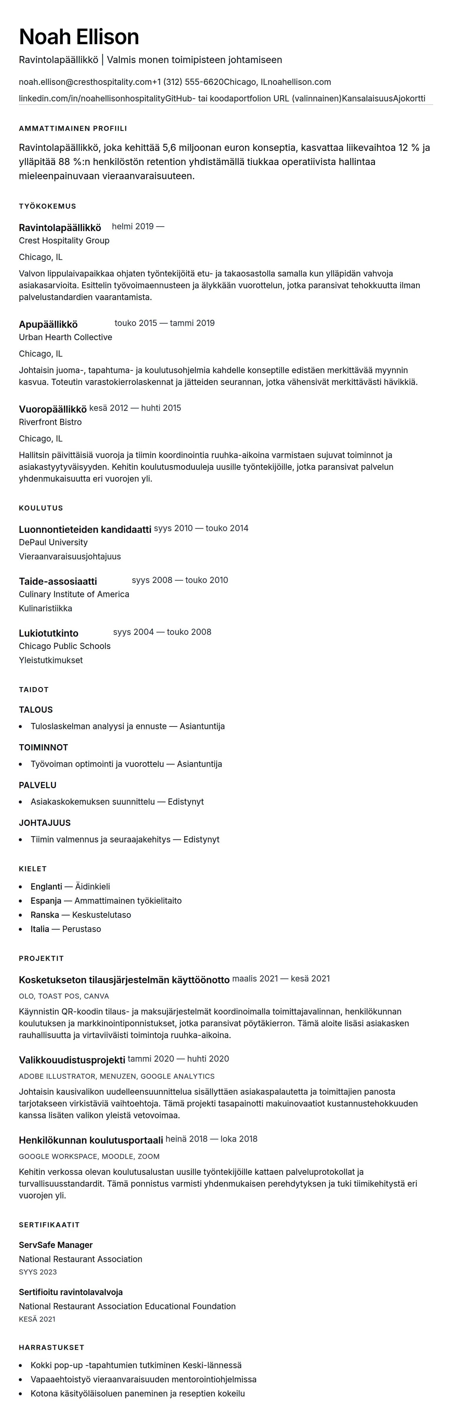 Ansioluetteloesikatselu kohteelle Ravintolapäällikkö CV-esimerkki