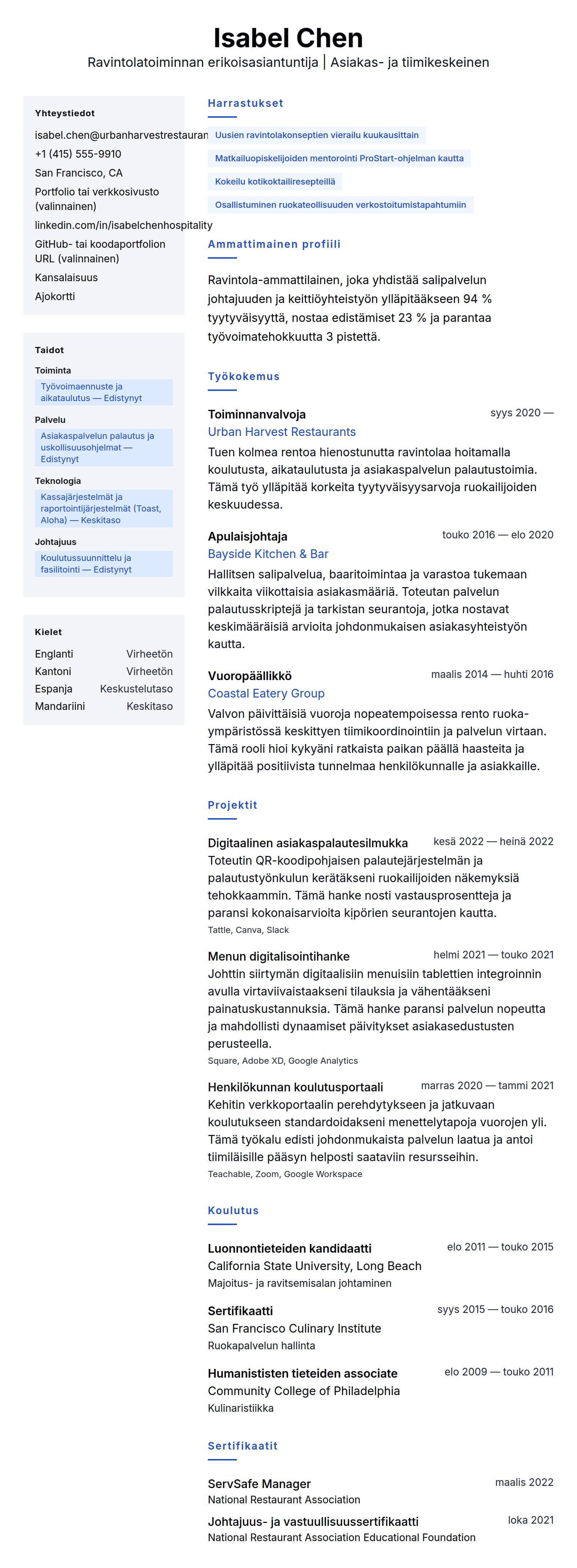 Ansioluetteloesikatselu kohteelle Ravintola-ammattilaisen ansioluetteloesimerkki