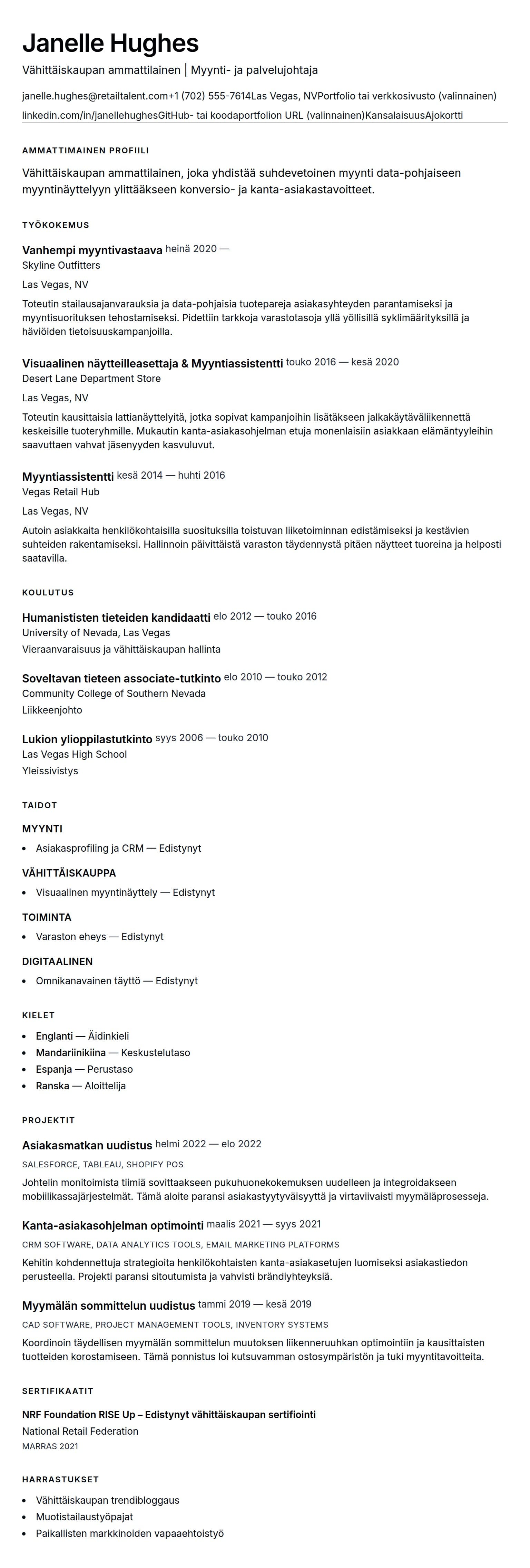 Ansioluetteloesikatselu kohteelle Vähittäiskaupan ammattilaisen ansioluetteloesimerkki