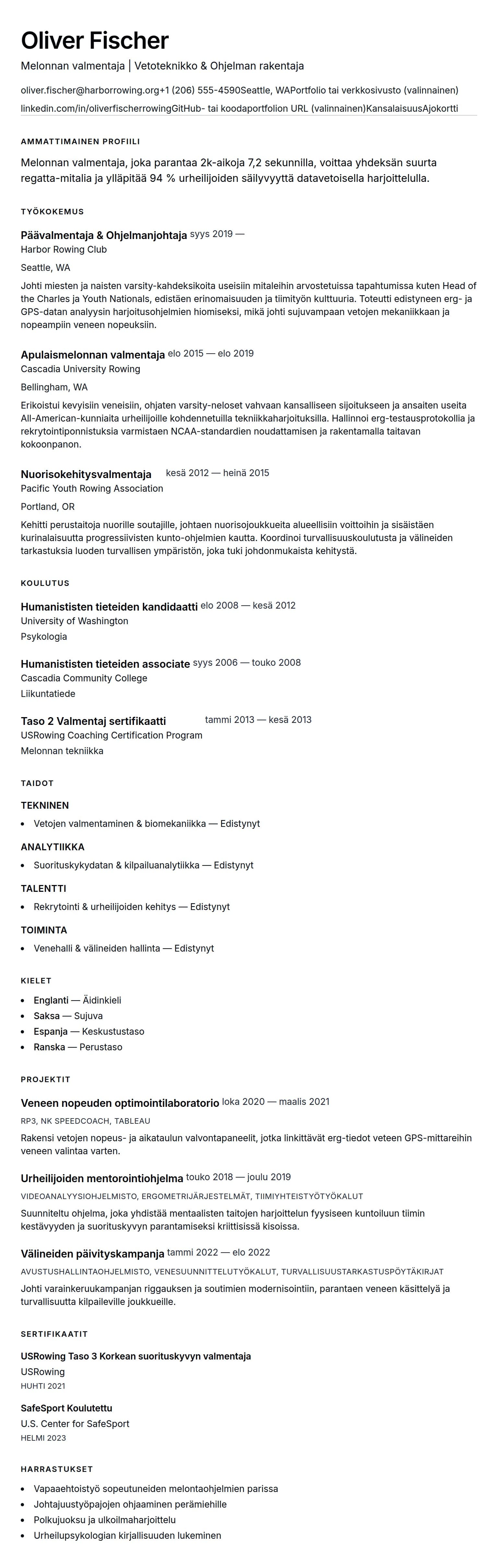 Ansioluetteloesikatselu kohteelle Melonnan valmentajan ansioluetteloesimerkki